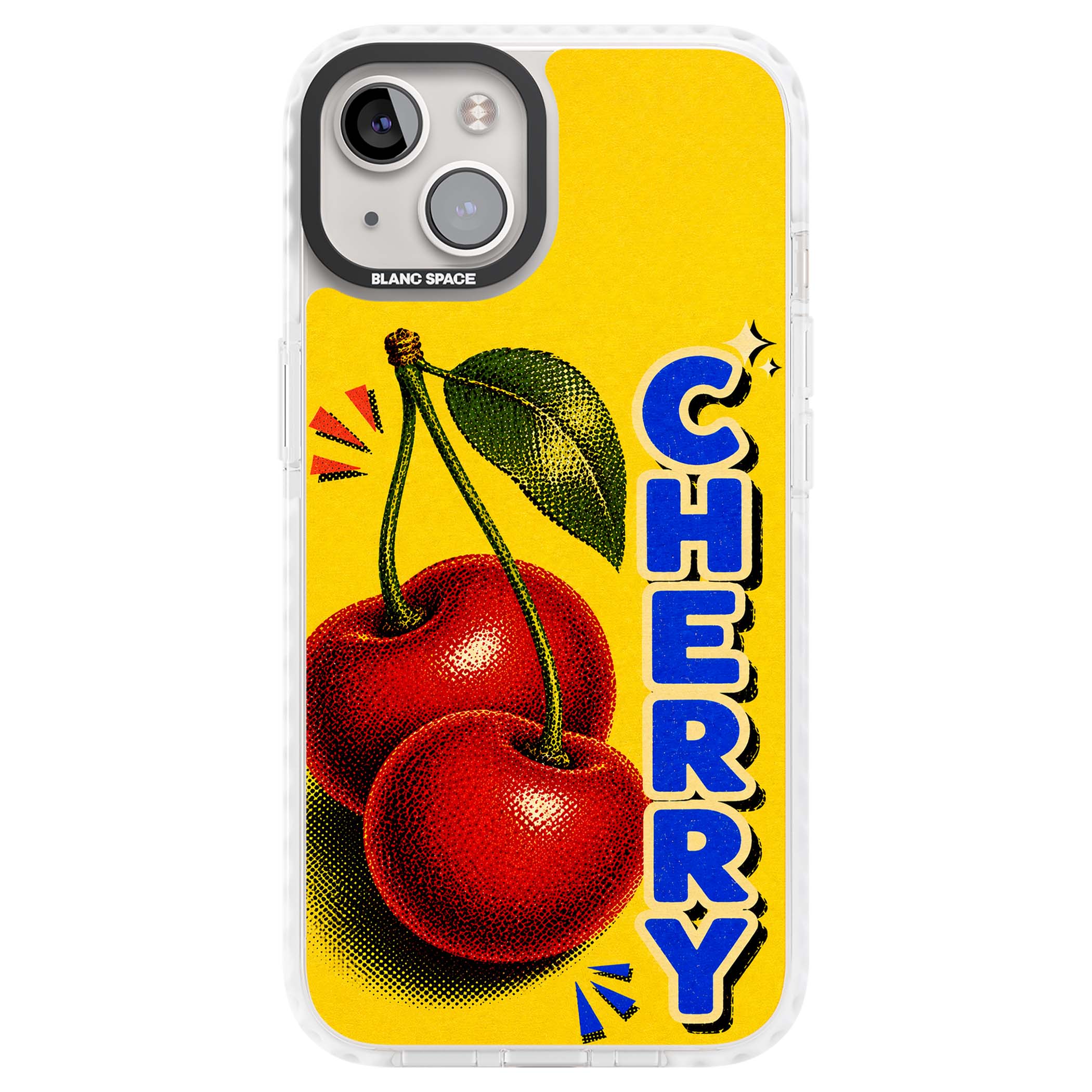 Cherry Yellow y2k iPhone case featuring two red cherries, halftone shading and bold blue CHERRY lettering on yellow | Impact Magsafe case for iPhone 13, iPhone 14, iPhone 15