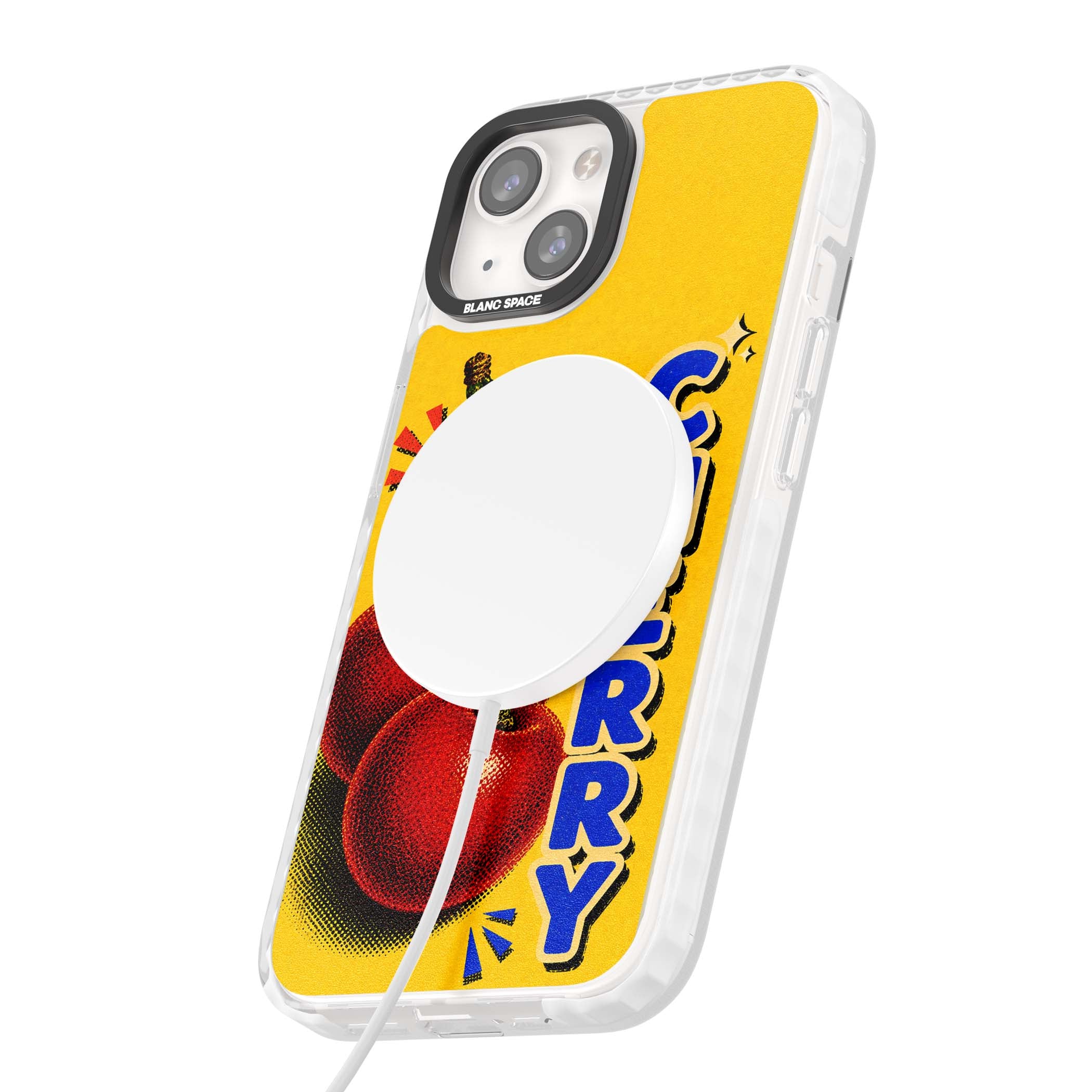 Cherry Yellow y2k iPhone case featuring two red cherries, halftone shading and bold blue CHERRY lettering on yellow | Impact Magsafe case for iPhone 13, iPhone 14, iPhone 15