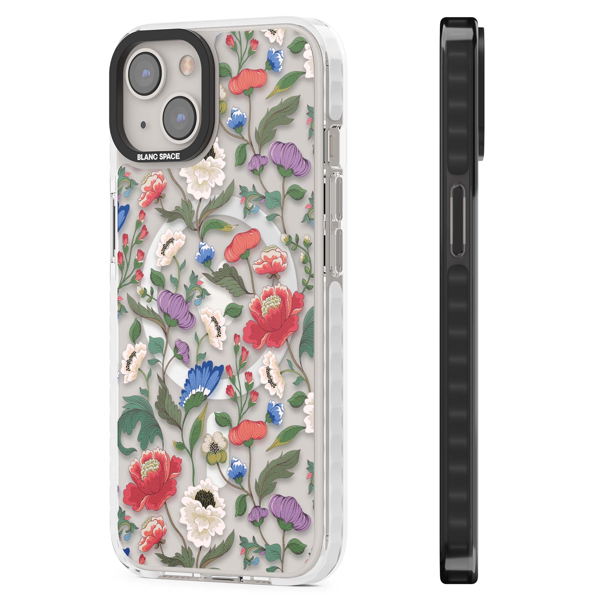 Chinoiserie Bloom vintage floral iPhone case featuring hand-painted peonies, poppies and trailing wildflowers on clear... | Impact Magsafe case for iPhone 13, iPhone 14, iPhone 15