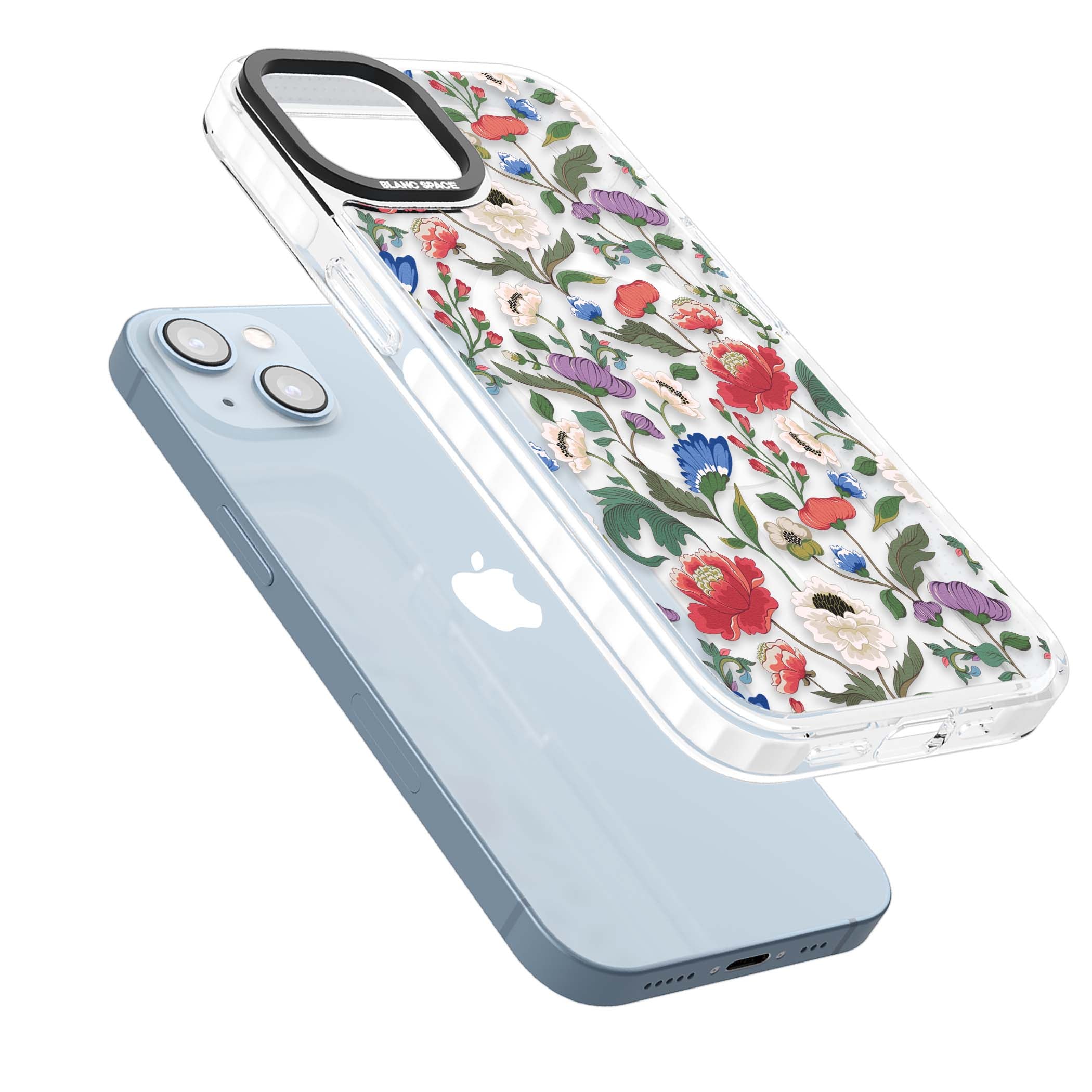Chinoiserie Bloom vintage floral iPhone case featuring hand-painted peonies, poppies and trailing wildflowers on clear... | Impact Magsafe case for iPhone 13, iPhone 14, iPhone 15