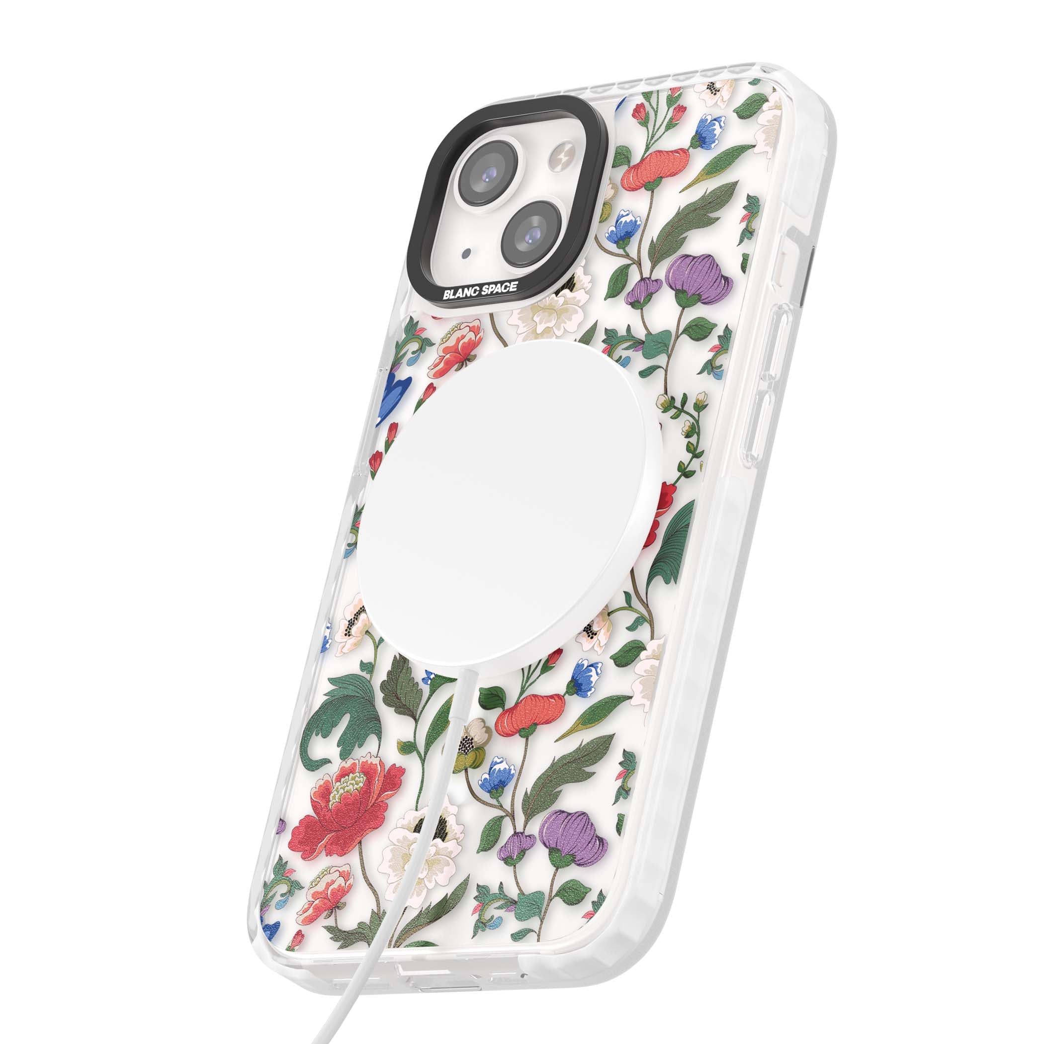 Chinoiserie Bloom vintage floral iPhone case featuring hand-painted peonies, poppies and trailing wildflowers on clear... | Impact Magsafe case for iPhone 13, iPhone 14, iPhone 15