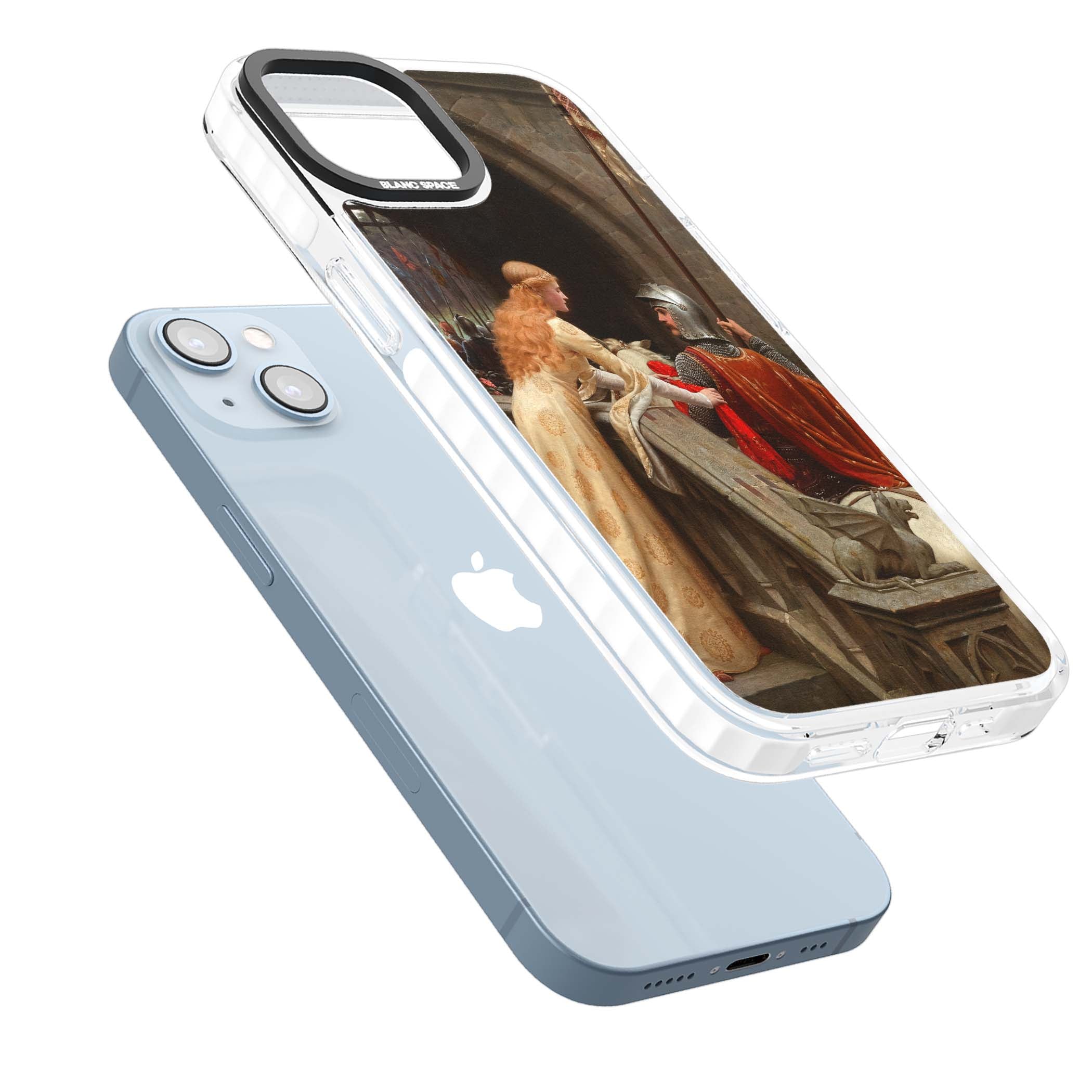 God Speed fine art iPhone case featuring Edmund Blair Leighton's medieval knight and lady beneath a stone archway | Impact Magsafe case for iPhone 13, iPhone 14, iPhone 15