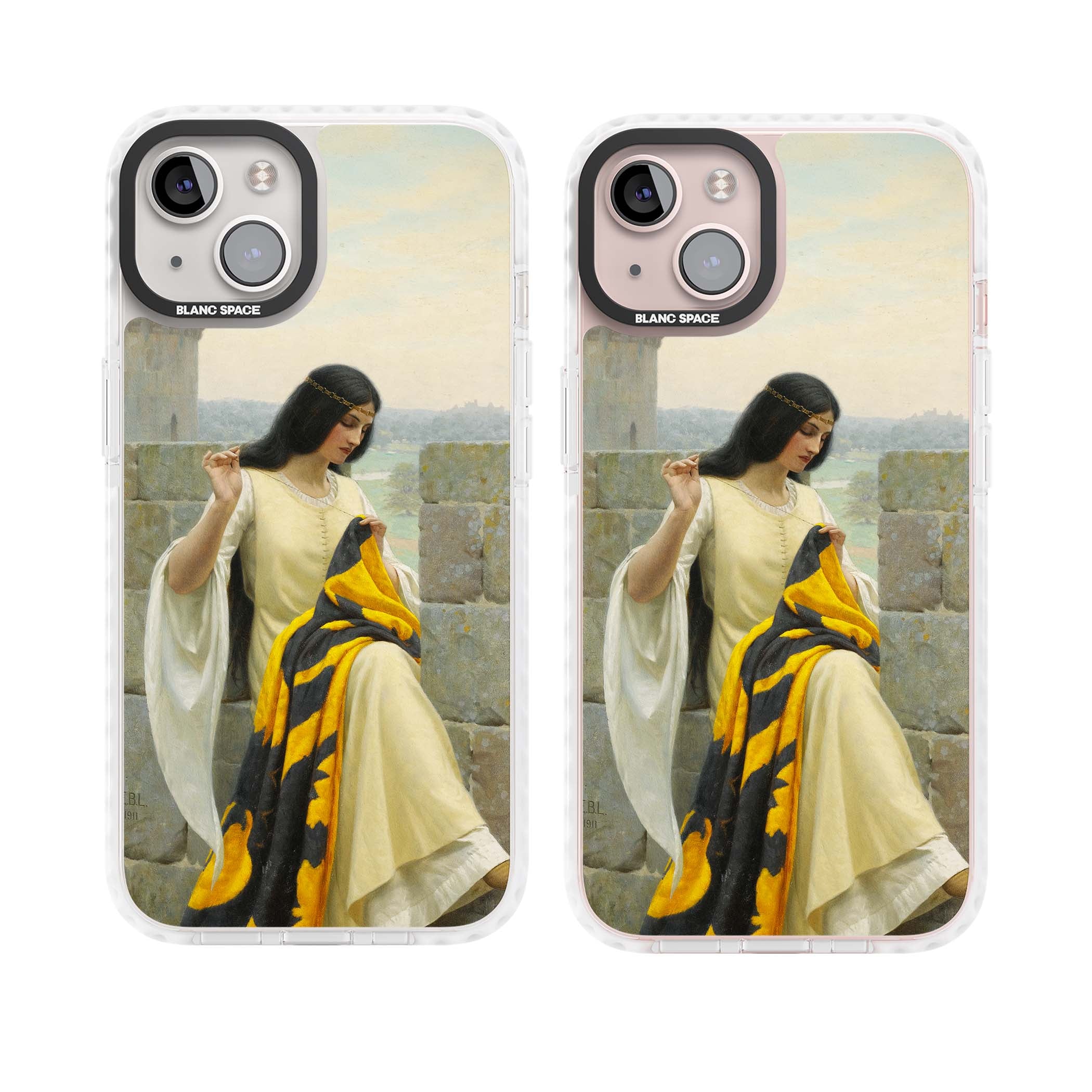 Stitching the Standard renaissance art iPhone case featuring a medieval lady sewing a golden banner on a castle wall | Impact Magsafe case for iPhone 13, iPhone 14, iPhone 15