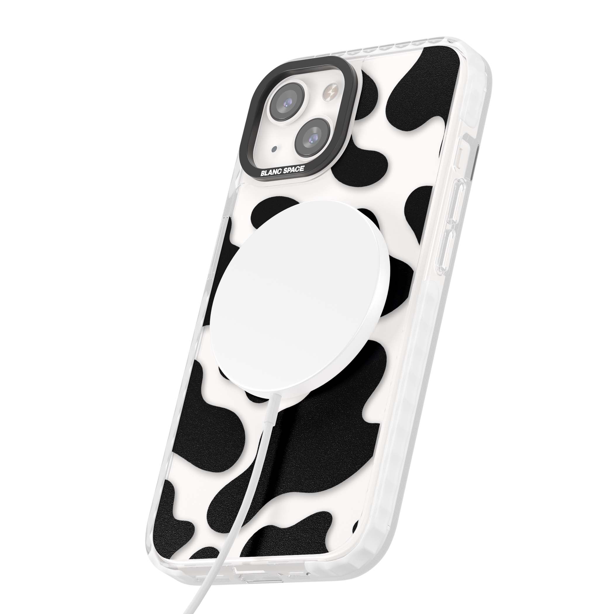 Clear Cow Print cow print iPhone case featuring black and white cow pattern splotches on a clear background | Impact Magsafe case for iPhone 13, iPhone 14, iPhone 15