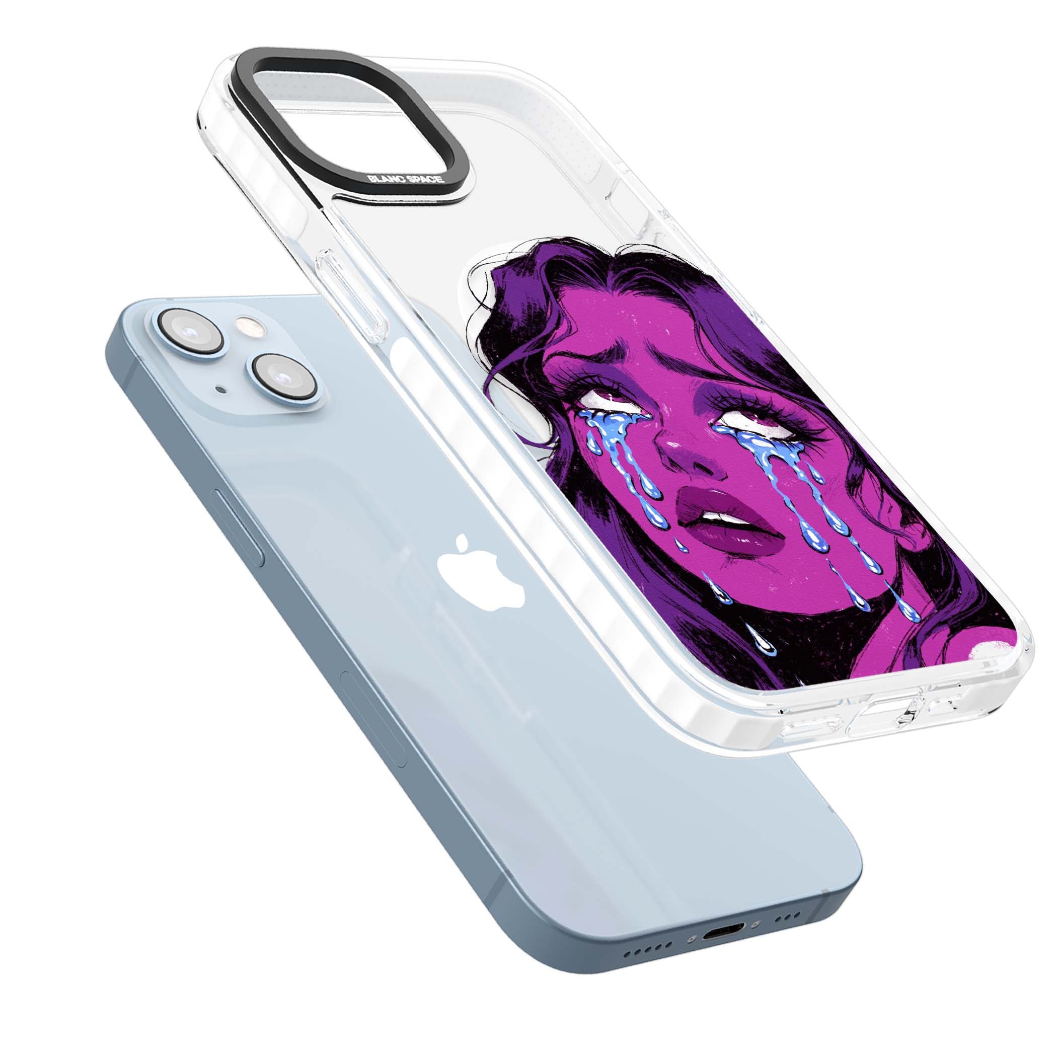 Drama Queen pop art iPhone case featuring a purple crying comic girl with blue tears | Impact Magsafe case for iPhone 13, iPhone 14, iPhone 15