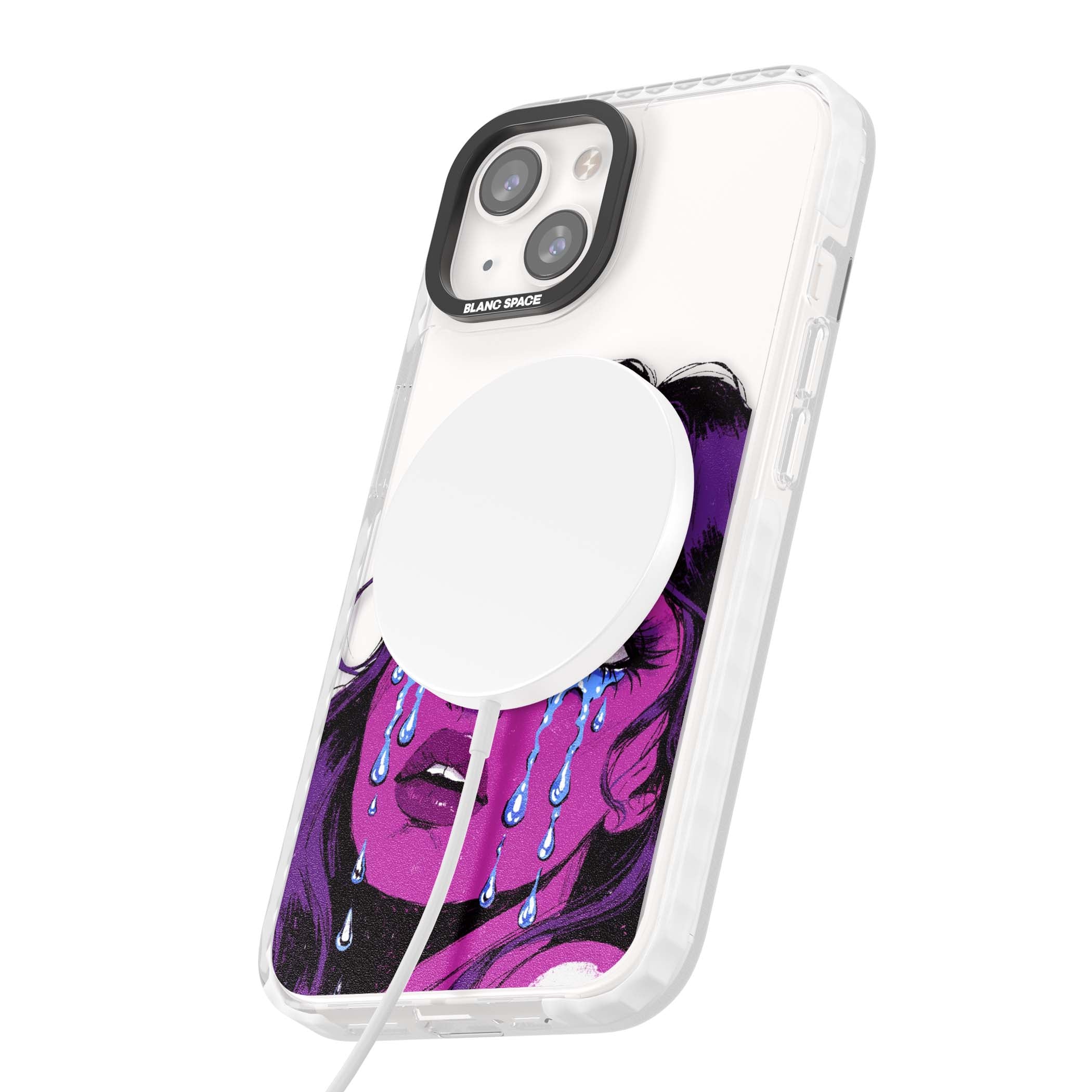 Drama Queen pop art iPhone case featuring a purple crying comic girl with blue tears | Impact Magsafe case for iPhone 13, iPhone 14, iPhone 15