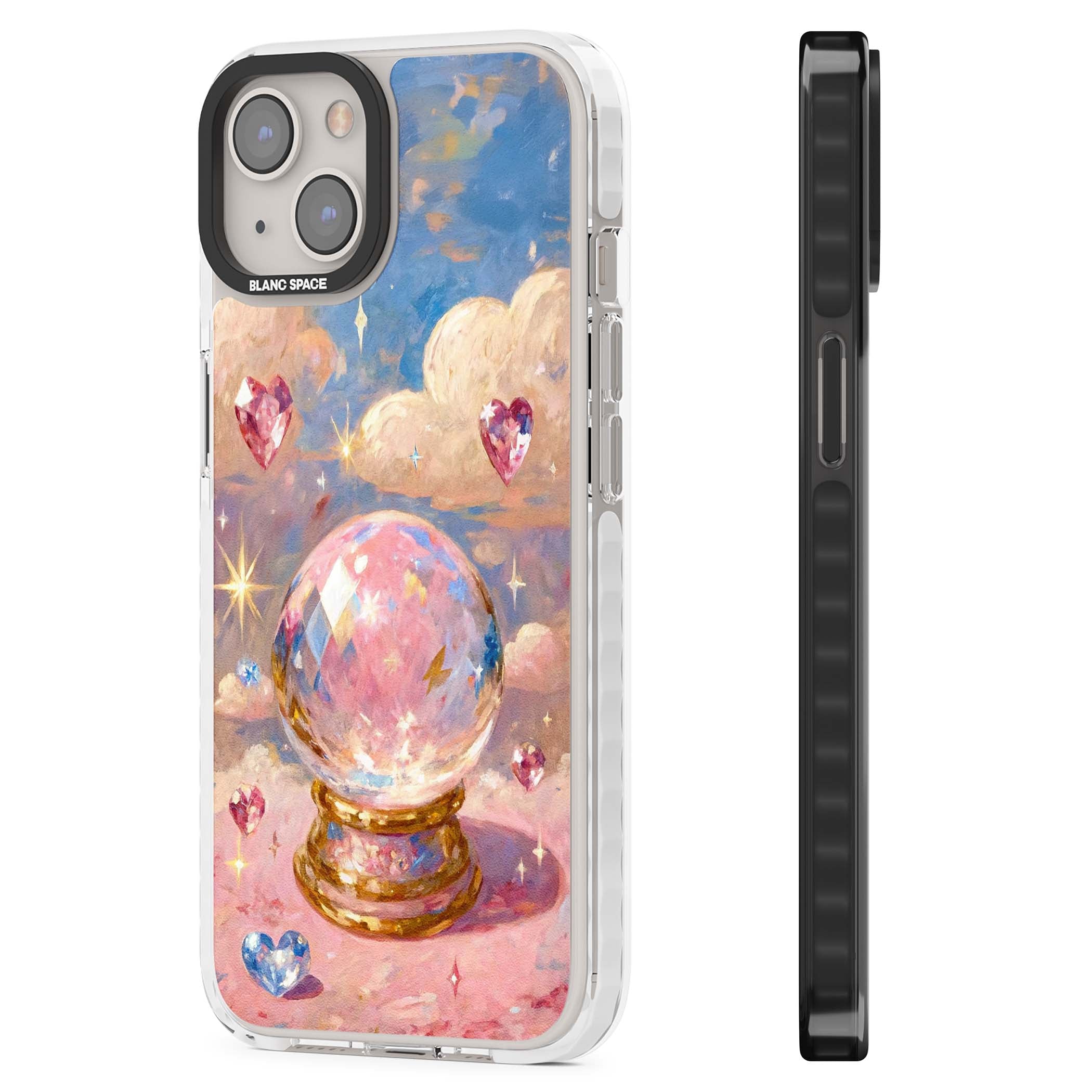 Crystal Ball fairycore iPhone case featuring a painted crystal ball, heart gemstones, and pastel clouds | Impact Magsafe case for iPhone 13, iPhone 14, iPhone 15
