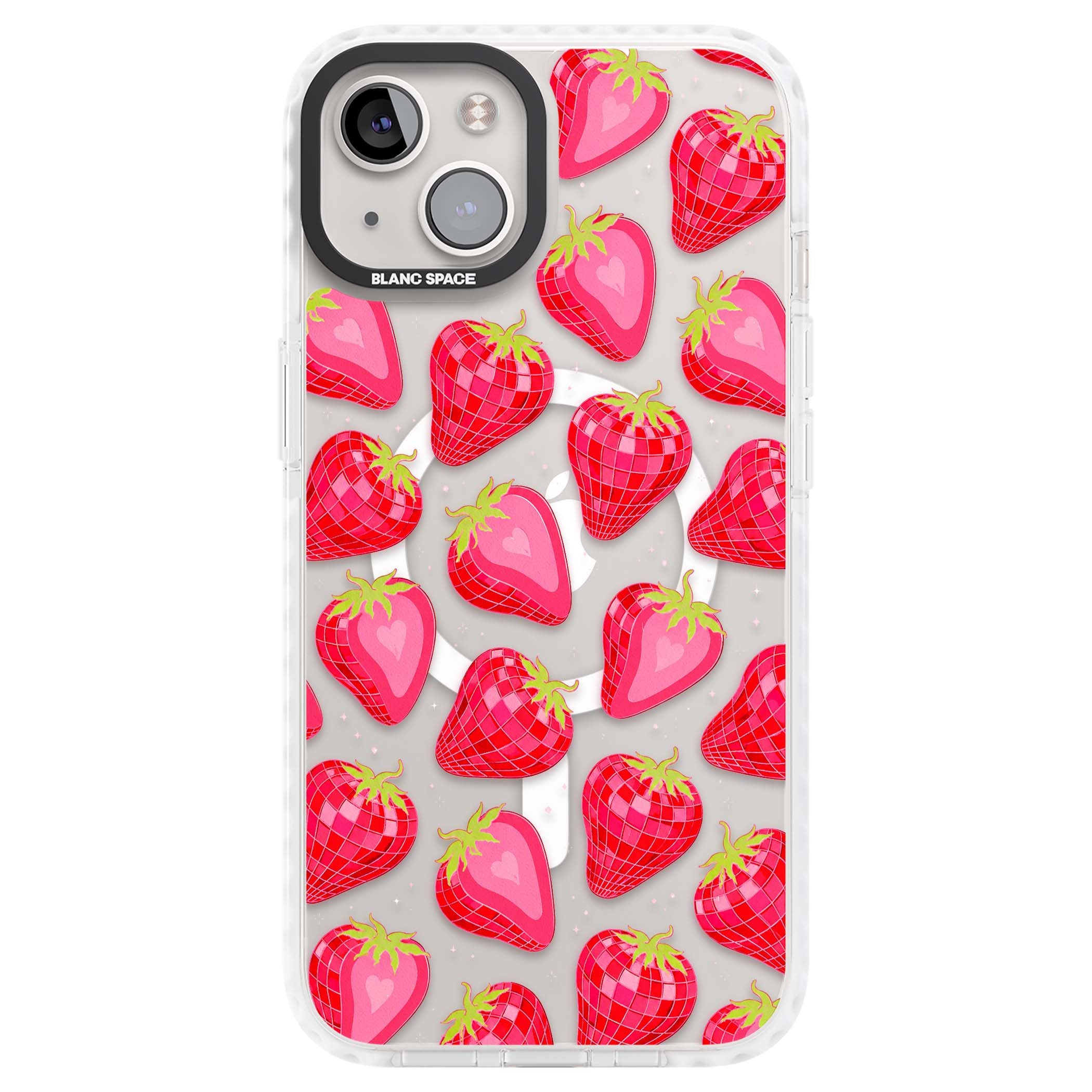 Disco Strawberry Y2K iPhone case featuring pink disco-ball strawberries, green leaves and tiny sparkles | Impact Magsafe case for iPhone 13, iPhone 14, iPhone 15