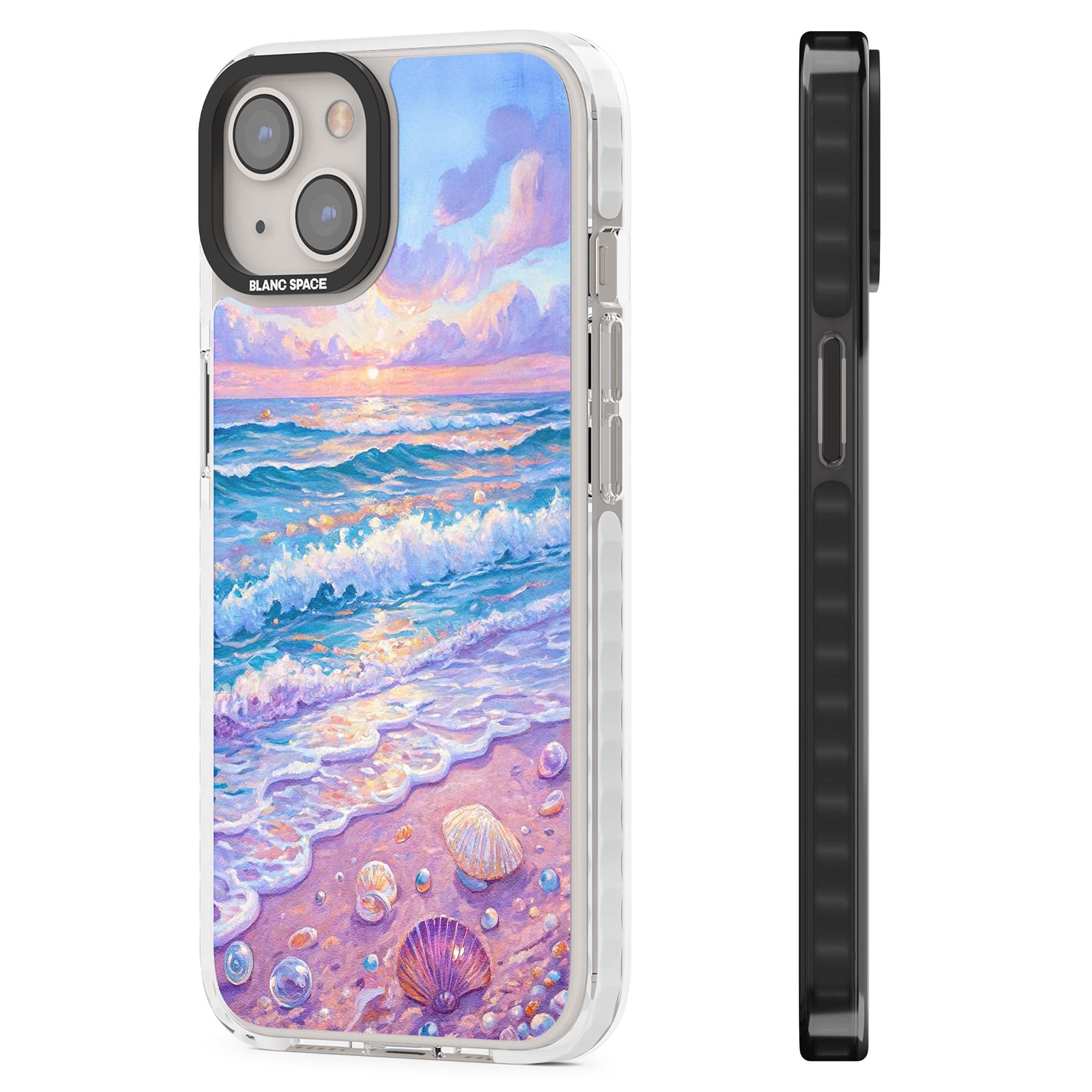 Pearl Shore coastal iPhone case featuring pastel painted waves, seashells, and a sunrise sky over a lavender beach. | Impact Magsafe case for iPhone 13, iPhone 14, iPhone 15