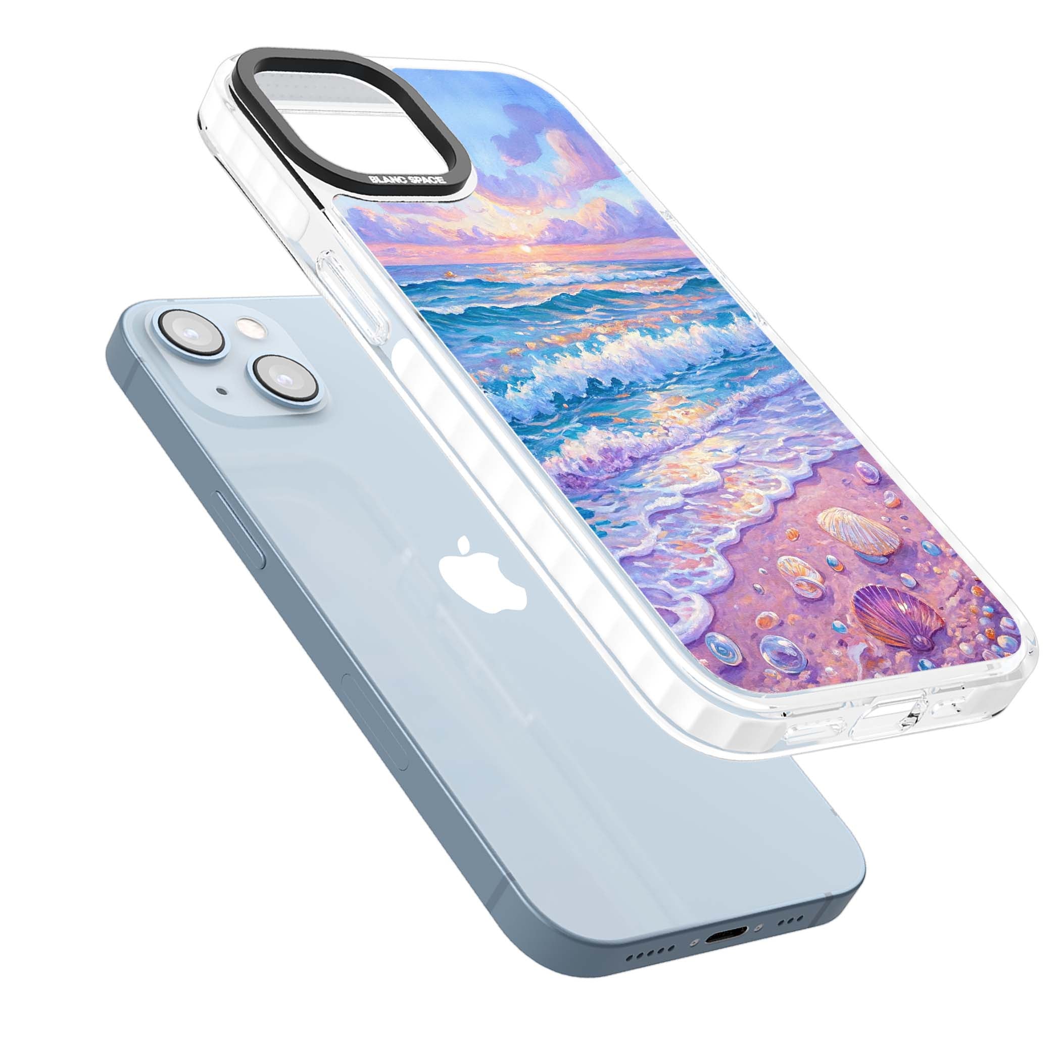 Pearl Shore coastal iPhone case featuring pastel painted waves, seashells, and a sunrise sky over a lavender beach. | Impact Magsafe case for iPhone 13, iPhone 14, iPhone 15