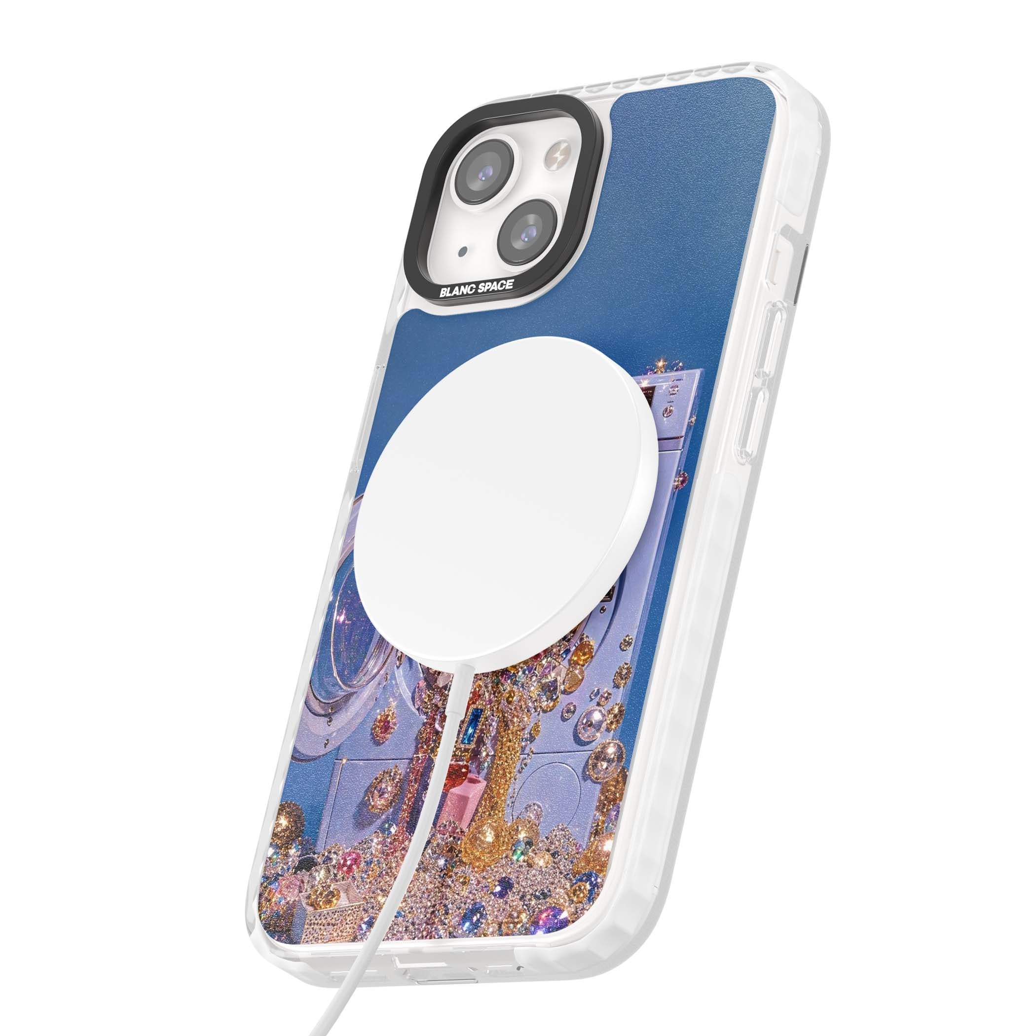 Gem Laundry baddie iPhone case featuring a surreal washing machine overflowing with colourful gemstones and crystals | Impact Magsafe case for iPhone 13, iPhone 14, iPhone 15