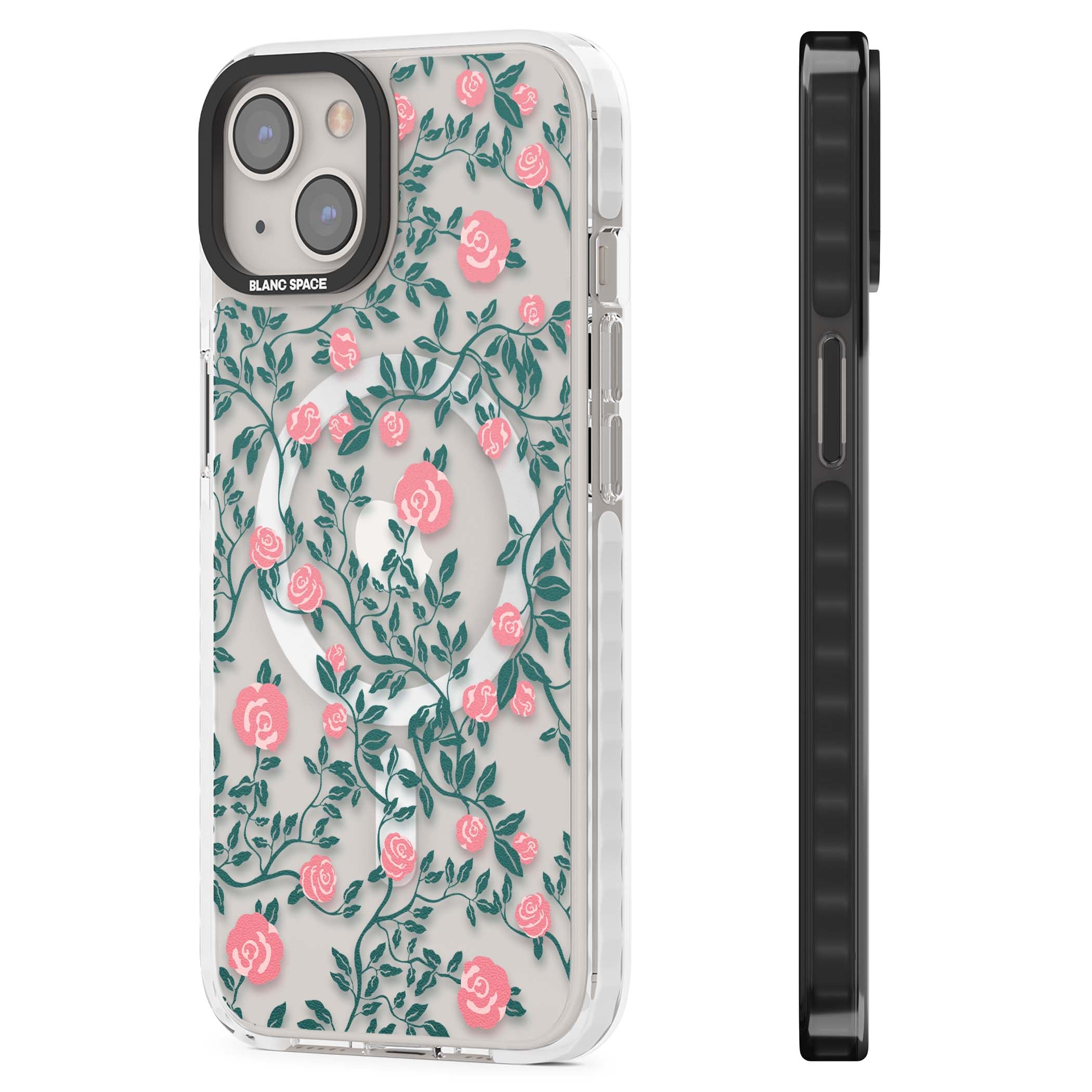 Rose Trellis (Clear) cottagecore iPhone case featuring pink climbing roses and green leaves on clear background | Impact Magsafe case for iPhone 13, iPhone 14, iPhone 15