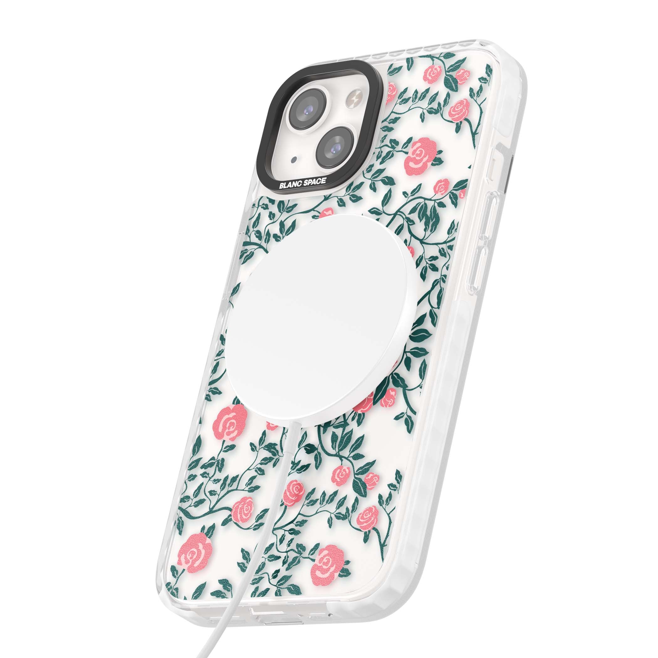 Rose Trellis (Clear) cottagecore iPhone case featuring pink climbing roses and green leaves on clear background | Impact Magsafe case for iPhone 13, iPhone 14, iPhone 15