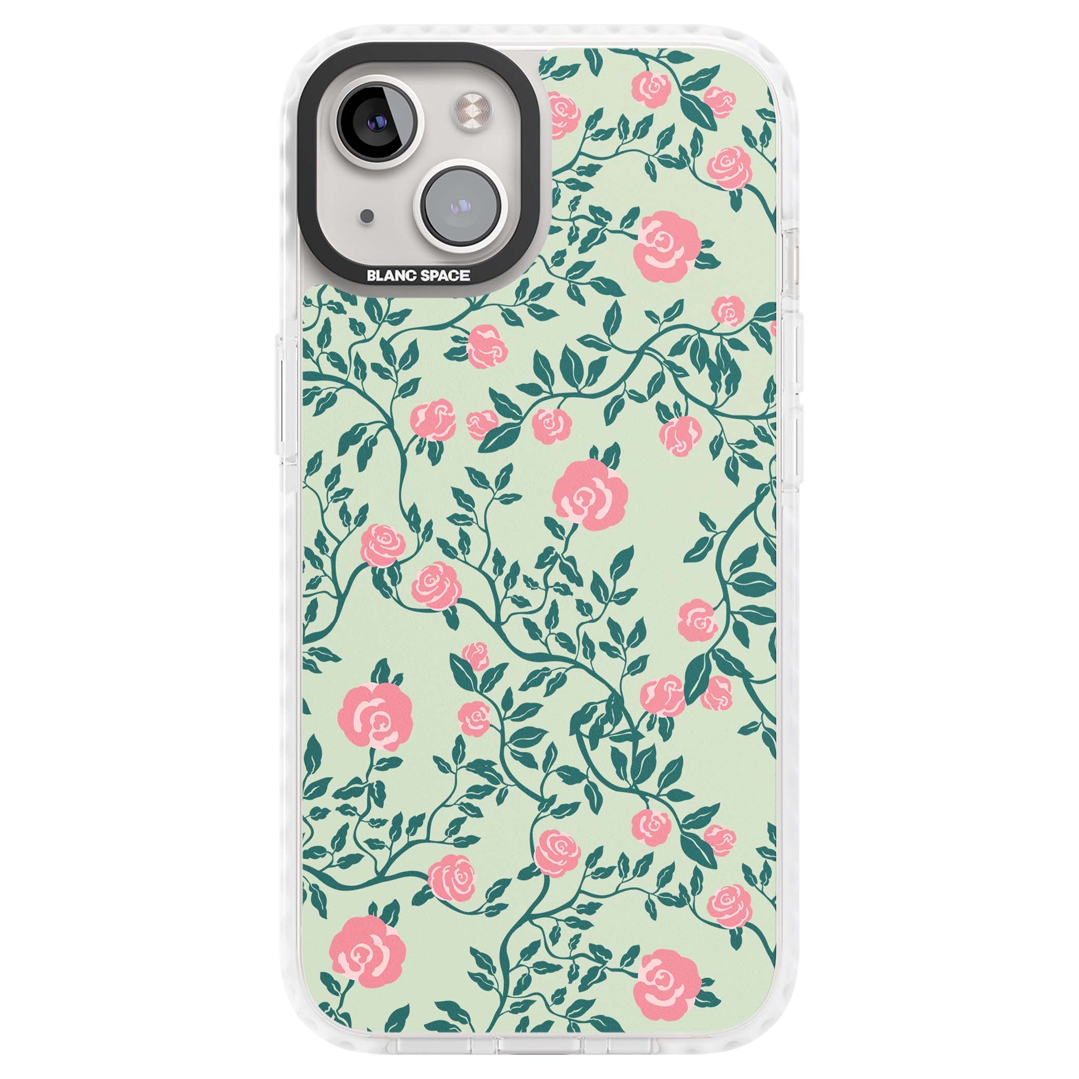 Rose Trellis cottagecore iPhone case featuring pink roses, sage green vines, and mint background | Impact Magsafe case for iPhone 13, iPhone 14, iPhone 15