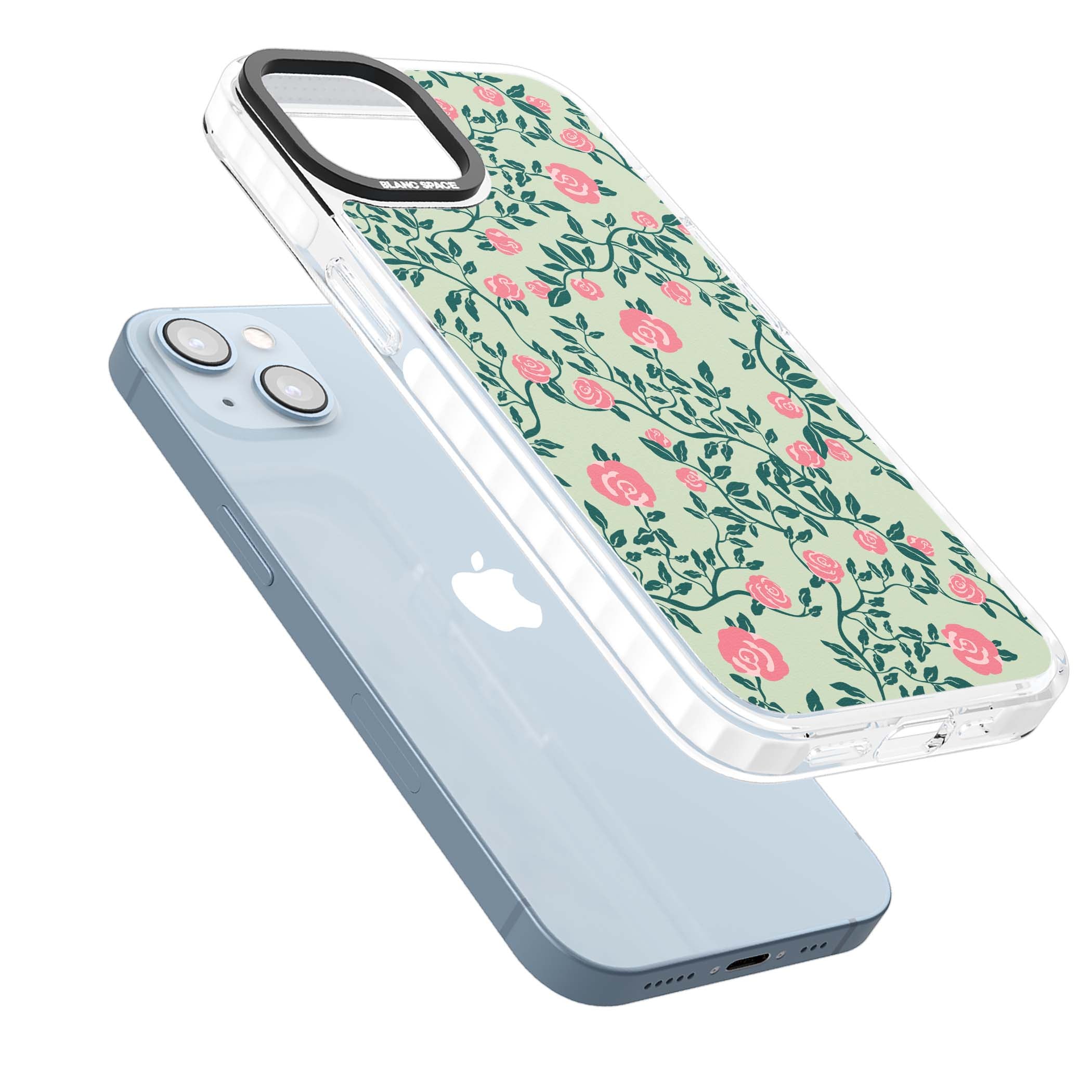 Rose Trellis cottagecore iPhone case featuring pink roses, sage green vines, and mint background | Impact Magsafe case for iPhone 13, iPhone 14, iPhone 15