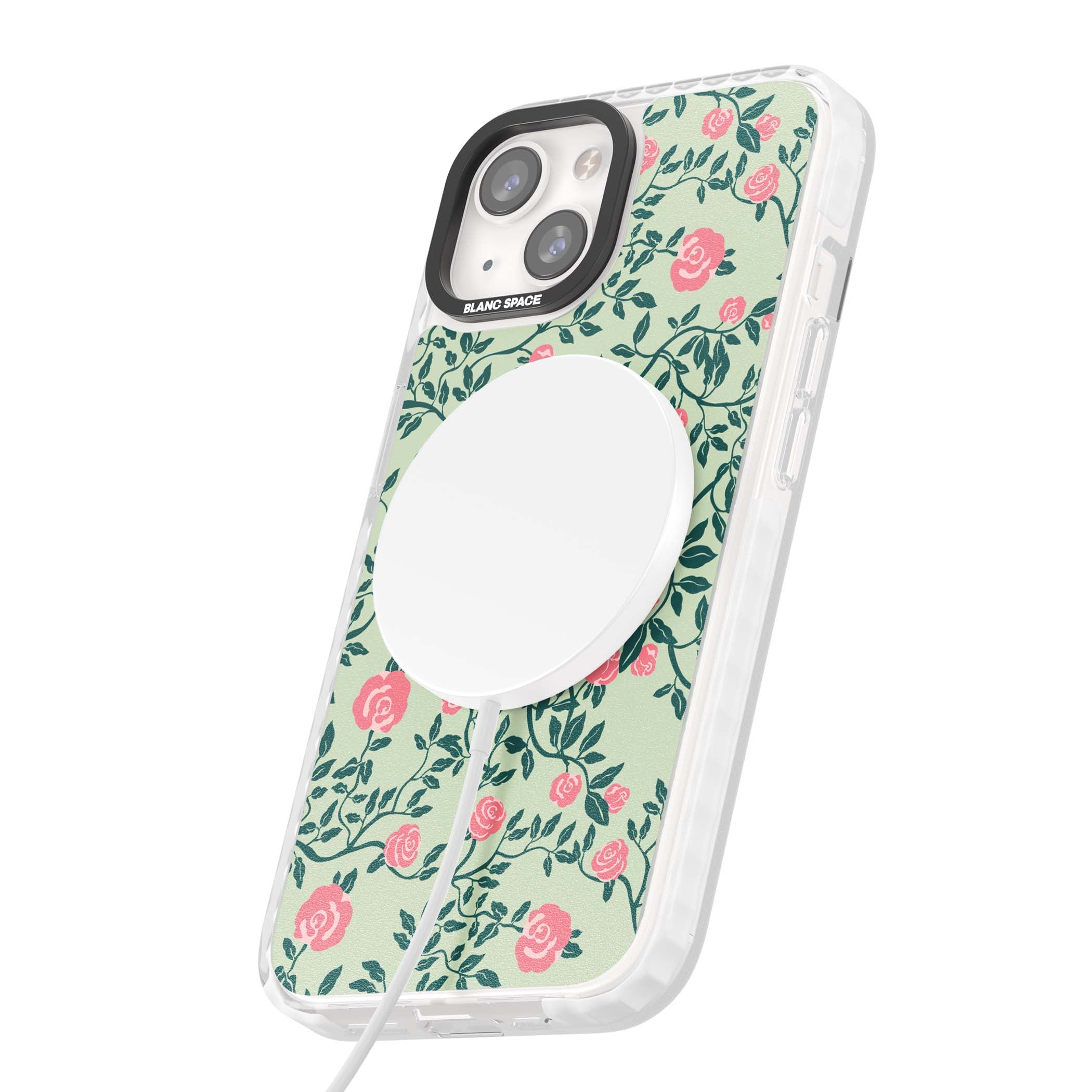 Rose Trellis cottagecore iPhone case featuring pink roses, sage green vines, and mint background | Impact Magsafe case for iPhone 13, iPhone 14, iPhone 15