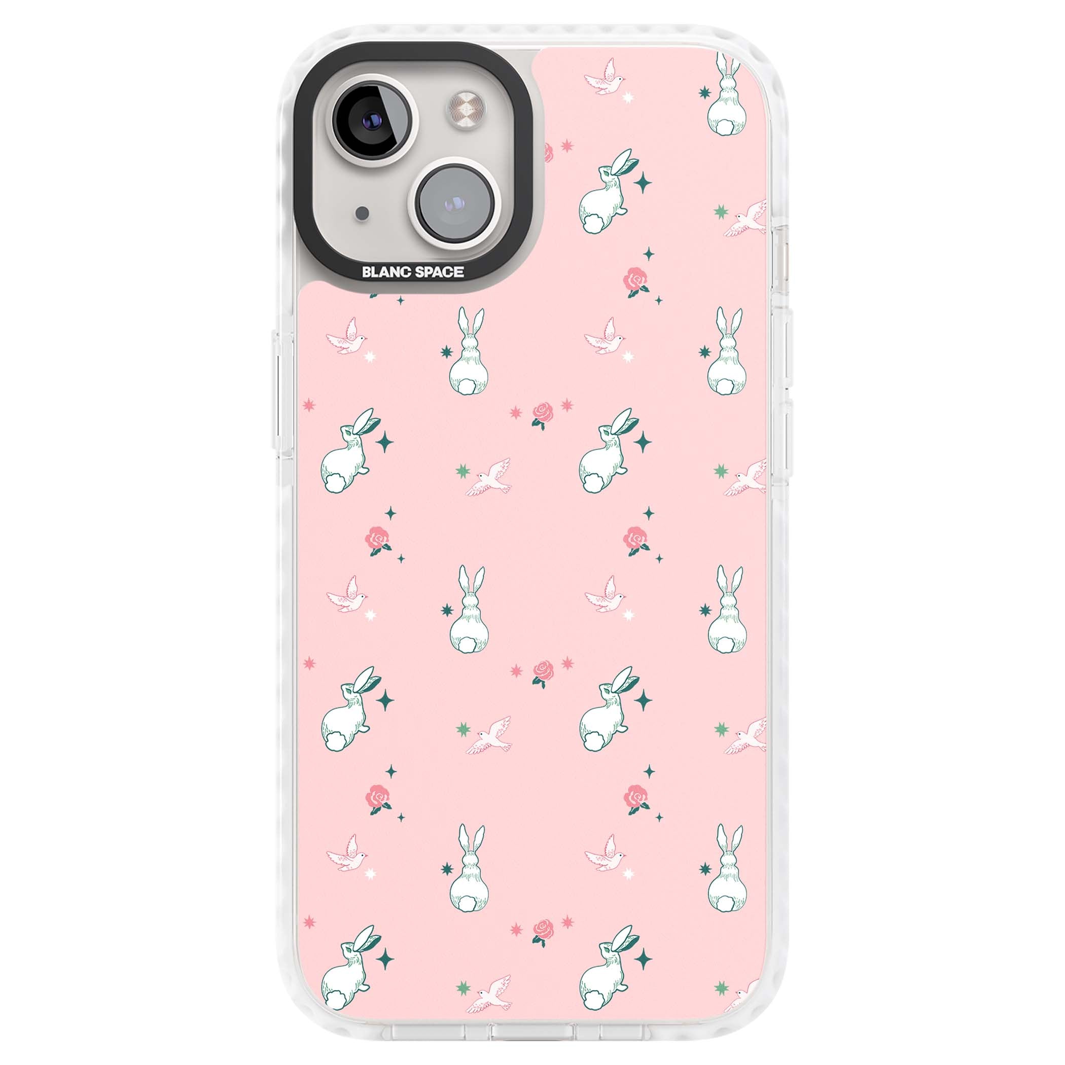 Bunny Garden kawaii iPhone case featuring white rabbits, pink roses, doves and stars on pink background | Impact Magsafe case for iPhone 13, iPhone 14, iPhone 15