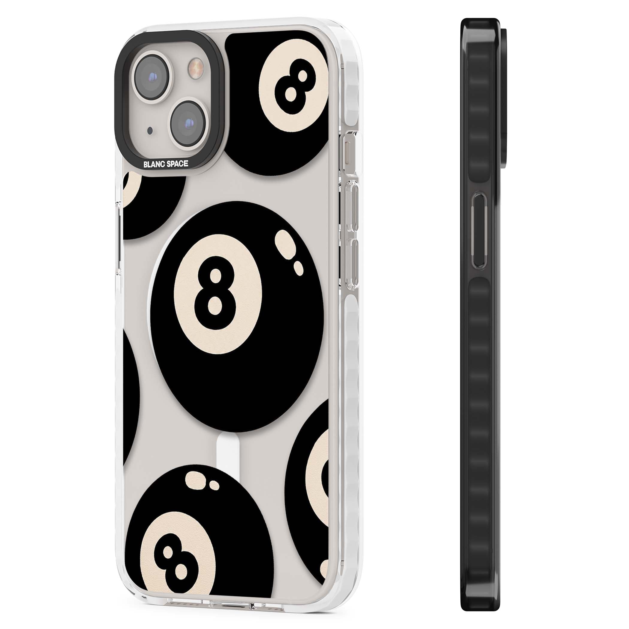Eights y2k iPhone case featuring scattered black 8 balls with cream highlights on a clear background | Impact Magsafe case for iPhone 13, iPhone 14, iPhone 15