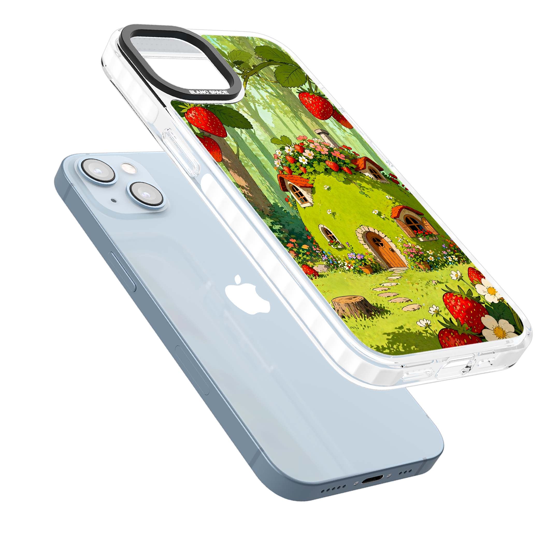 Strawberry Cottage cottagecore iPhone case featuring a green fairy house, wild strawberries and enchanted forest flowers | Impact Magsafe case for iPhone 13, iPhone 14, iPhone 15