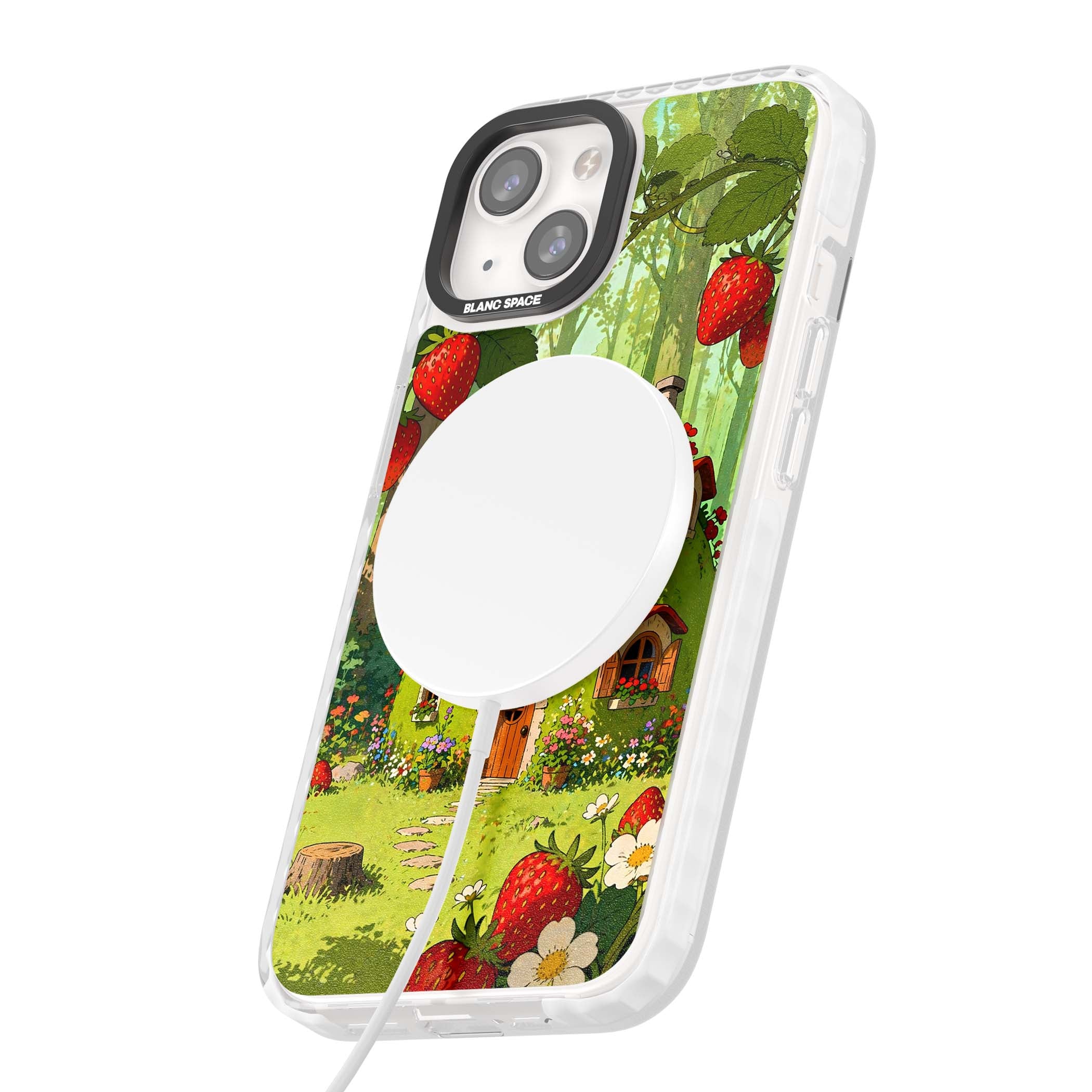 Strawberry Cottage cottagecore iPhone case featuring a green fairy house, wild strawberries and enchanted forest flowers | Impact Magsafe case for iPhone 13, iPhone 14, iPhone 15