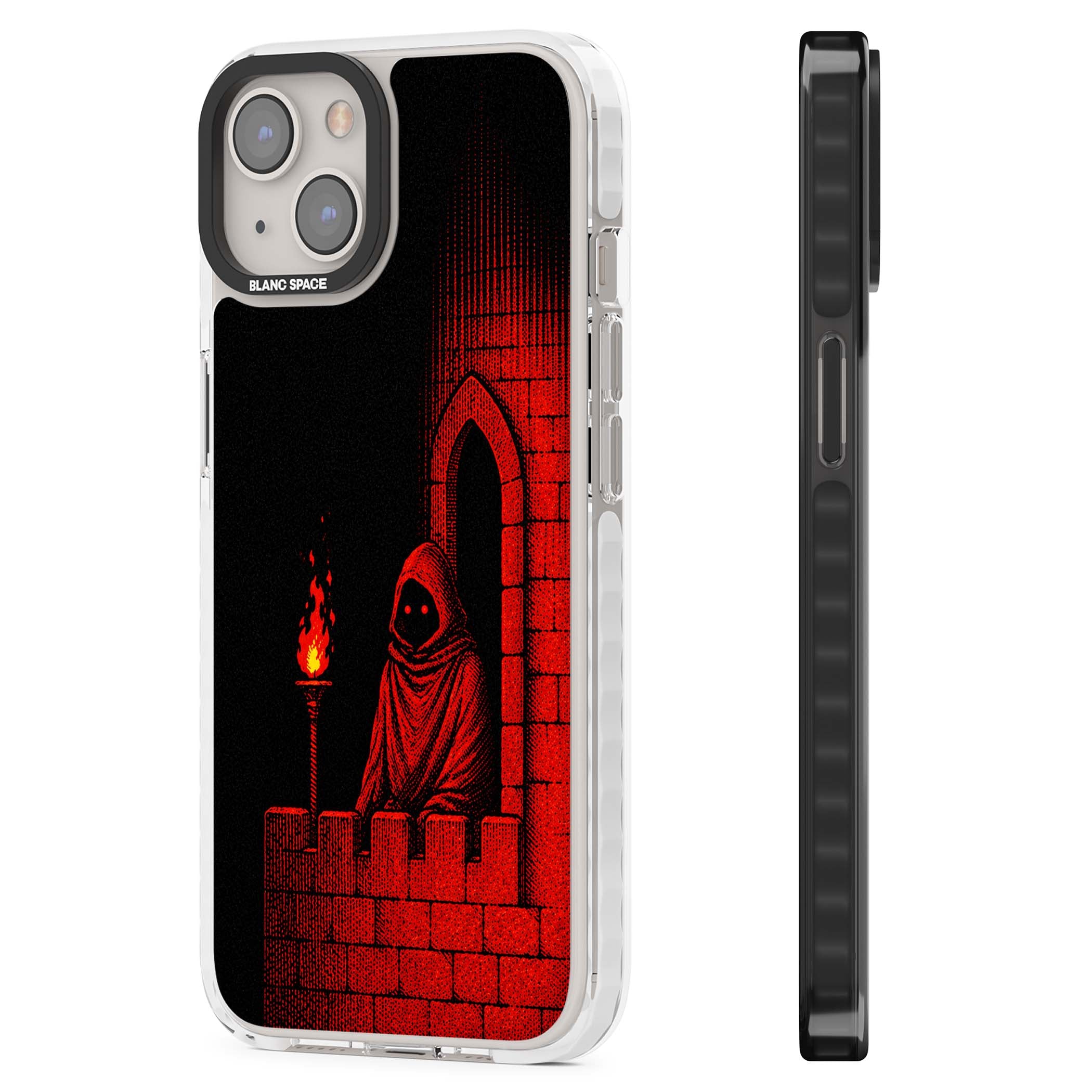 Crimson Crypt gothic iPhone case featuring a hooded reaper, torchlit crypt archway and red halftone horror art | Impact Magsafe case for iPhone 13, iPhone 14, iPhone 15
