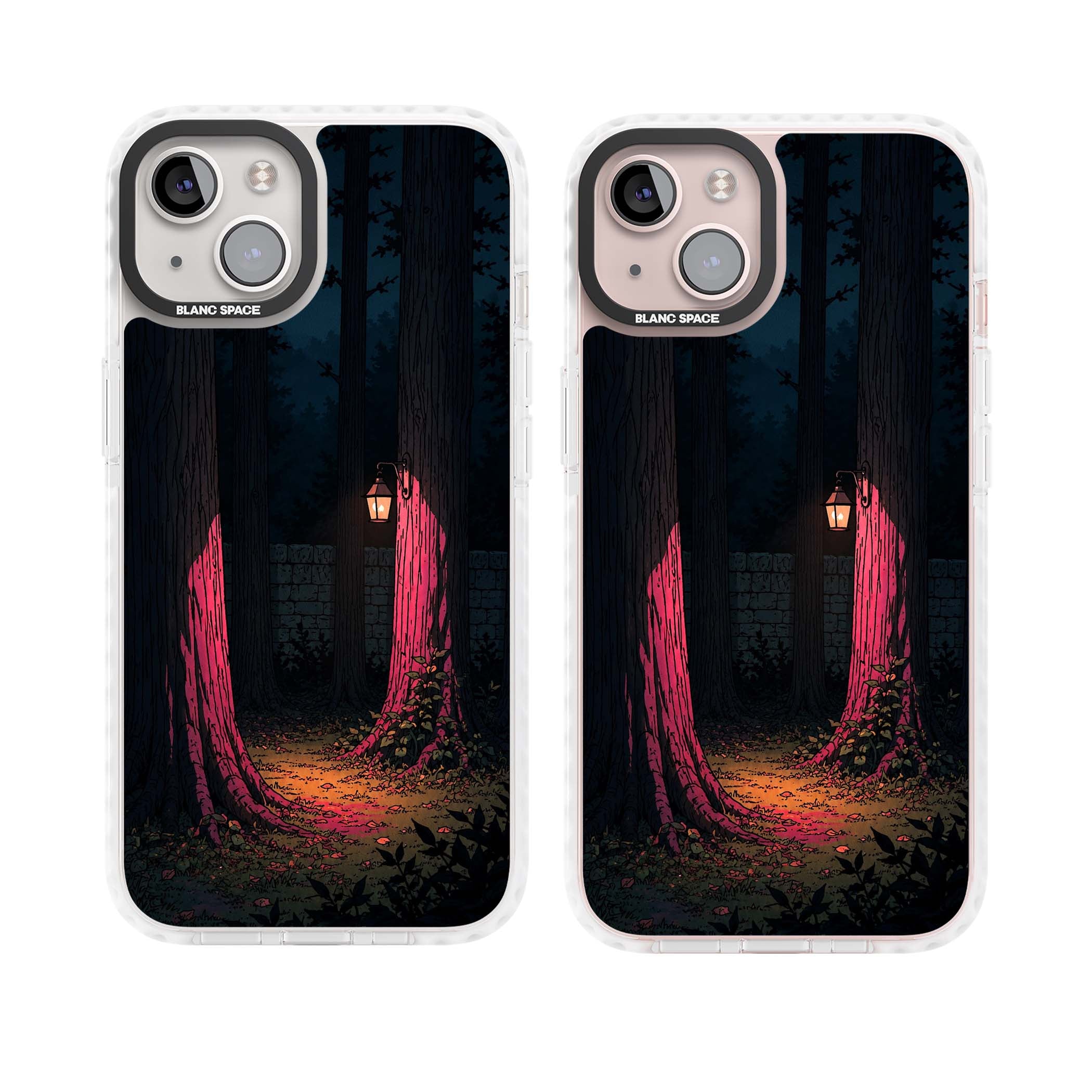 Forest Lantern dark academia iPhone case featuring a moonlit forest, glowing lantern, and stone wall pathway | Impact Magsafe case for iPhone 13, iPhone 14, iPhone 15