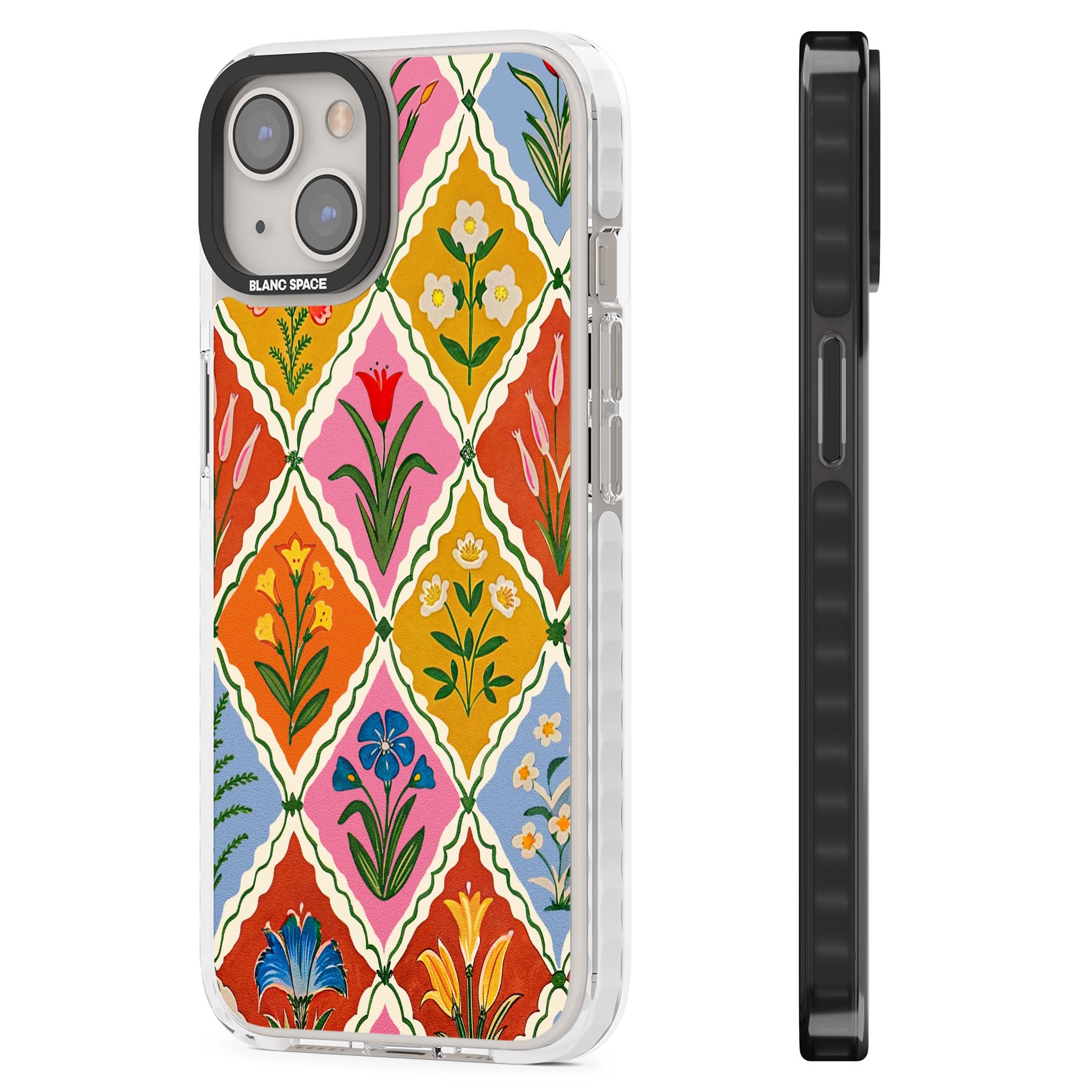 Floral Quilt boho floral iPhone case featuring diamond lattice pattern, hand-painted tulips and folk art wildflowers | Impact Magsafe case for iPhone 13, iPhone 14, iPhone 15