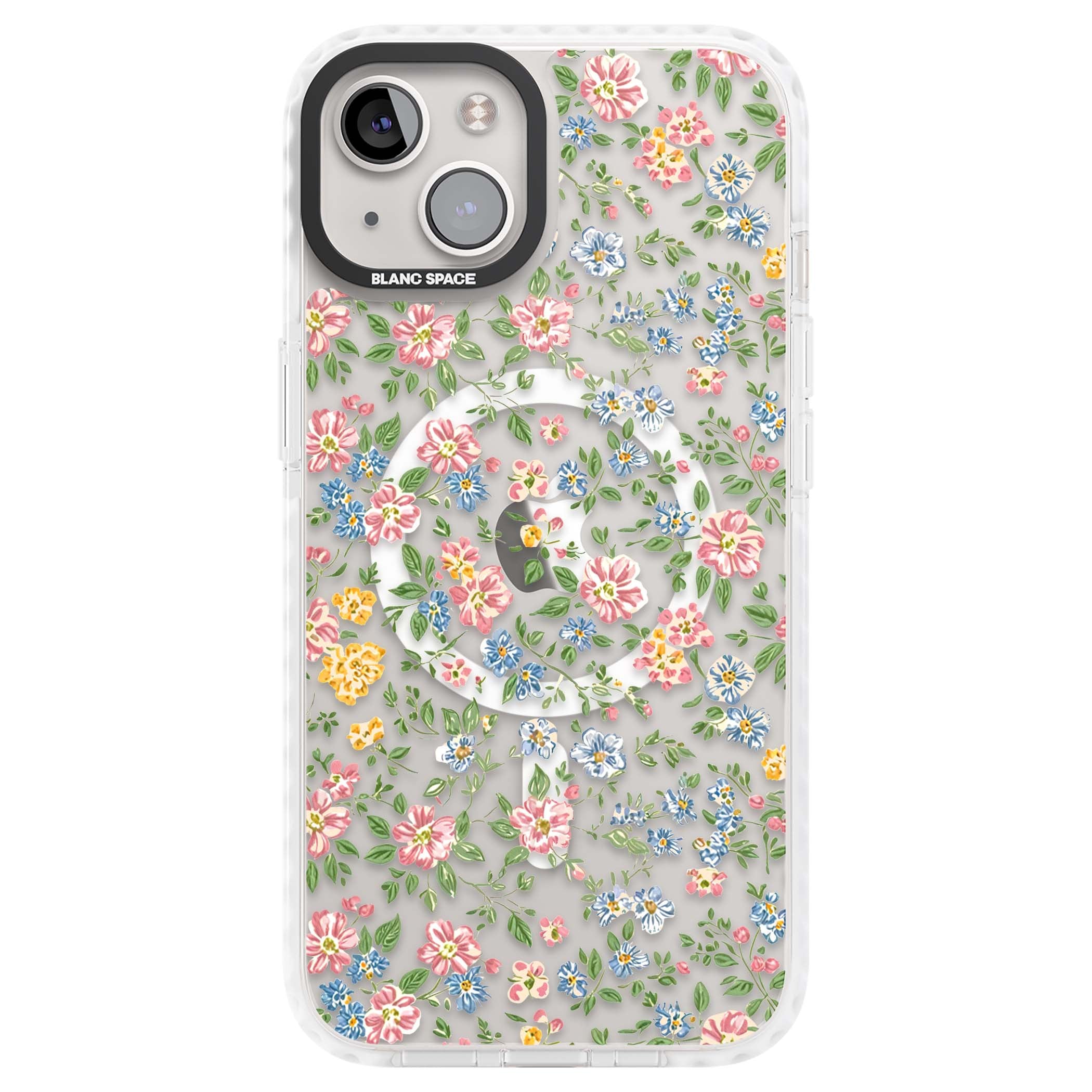 Soft Meadow cottagecore iPhone case featuring pink cosmos, blue forget-me-nots, yellow buttercups and green leaves sca | Impact Magsafe case for iPhone 13, iPhone 14, iPhone 15