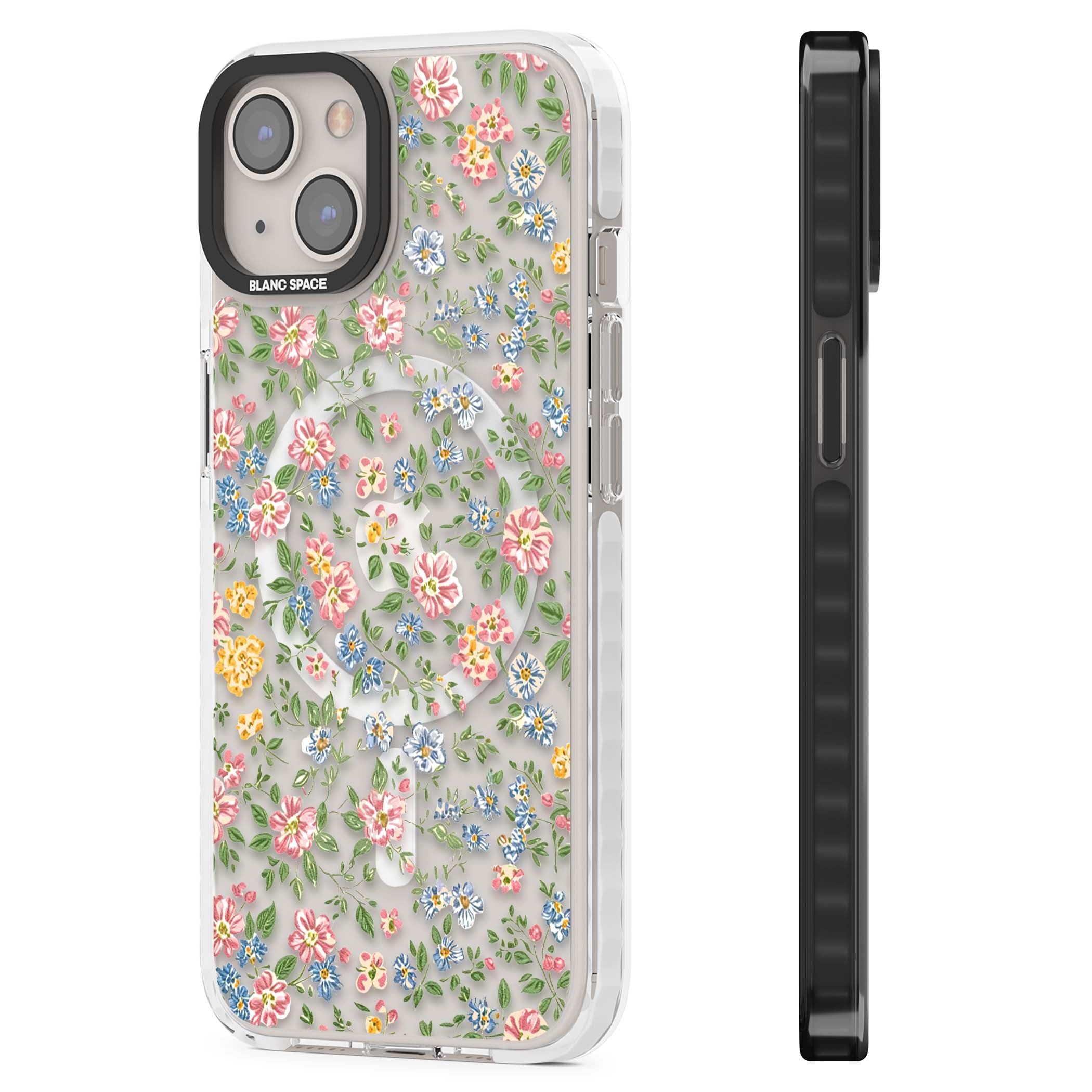 Soft Meadow cottagecore iPhone case featuring pink cosmos, blue forget-me-nots, yellow buttercups and green leaves sca | Impact Magsafe case for iPhone 13, iPhone 14, iPhone 15