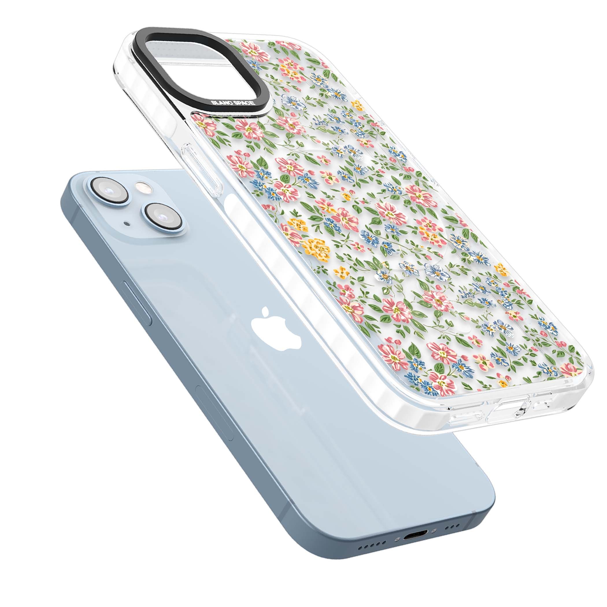 Soft Meadow cottagecore iPhone case featuring pink cosmos, blue forget-me-nots, yellow buttercups and green leaves sca | Impact Magsafe case for iPhone 13, iPhone 14, iPhone 15