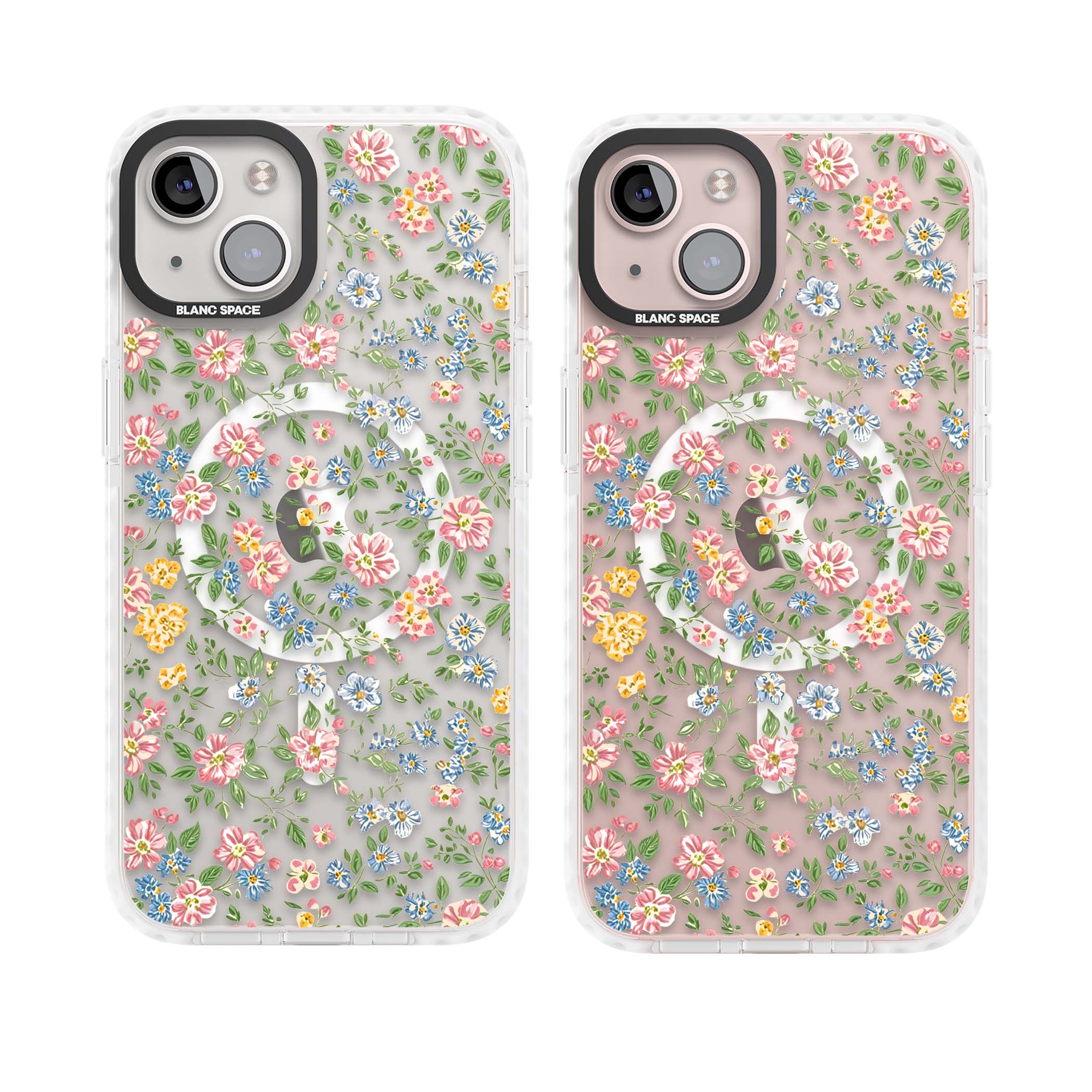 Soft Meadow cottagecore iPhone case featuring pink cosmos, blue forget-me-nots, yellow buttercups and green leaves sca | Impact Magsafe case for iPhone 13, iPhone 14, iPhone 15