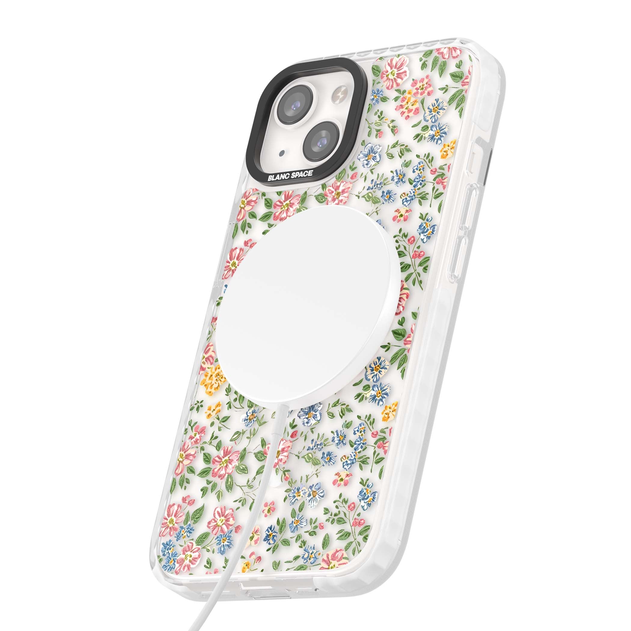 Soft Meadow cottagecore iPhone case featuring pink cosmos, blue forget-me-nots, yellow buttercups and green leaves sca | Impact Magsafe case for iPhone 13, iPhone 14, iPhone 15