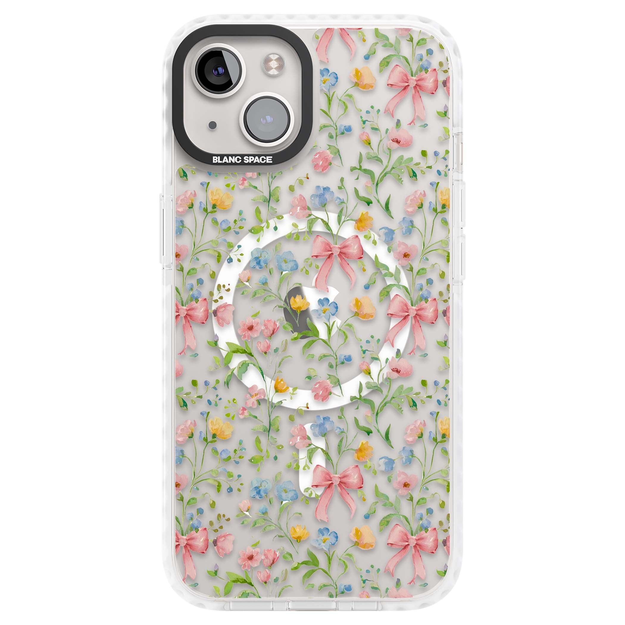 Ribbons & Wildflowers cottagecore iPhone case featuring watercolor wildflowers, pink satin bows, and delicate spring blooms o | Impact Magsafe case for iPhone 13, iPhone 14, iPhone 15