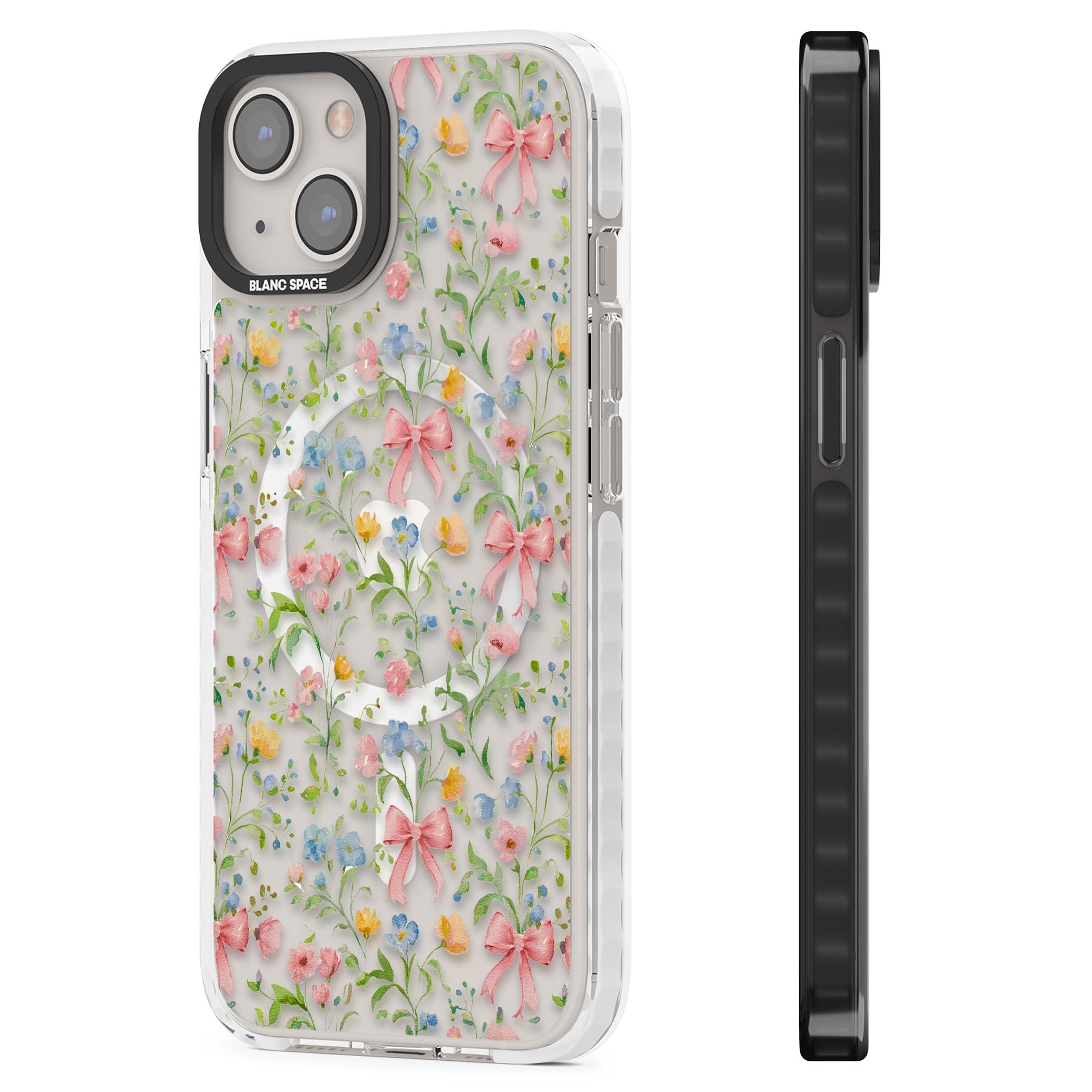 Ribbons & Wildflowers cottagecore iPhone case featuring watercolor wildflowers, pink satin bows, and delicate spring blooms o | Impact Magsafe case for iPhone 13, iPhone 14, iPhone 15