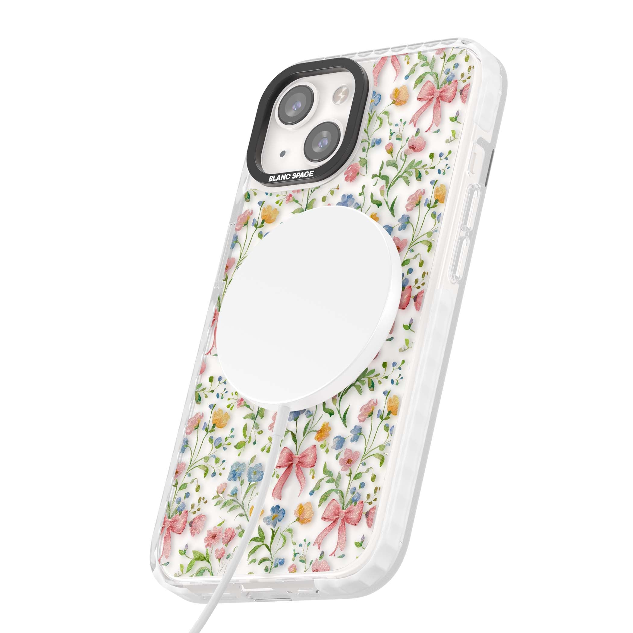 Ribbons & Wildflowers cottagecore iPhone case featuring watercolor wildflowers, pink satin bows, and delicate spring blooms o | Impact Magsafe case for iPhone 13, iPhone 14, iPhone 15