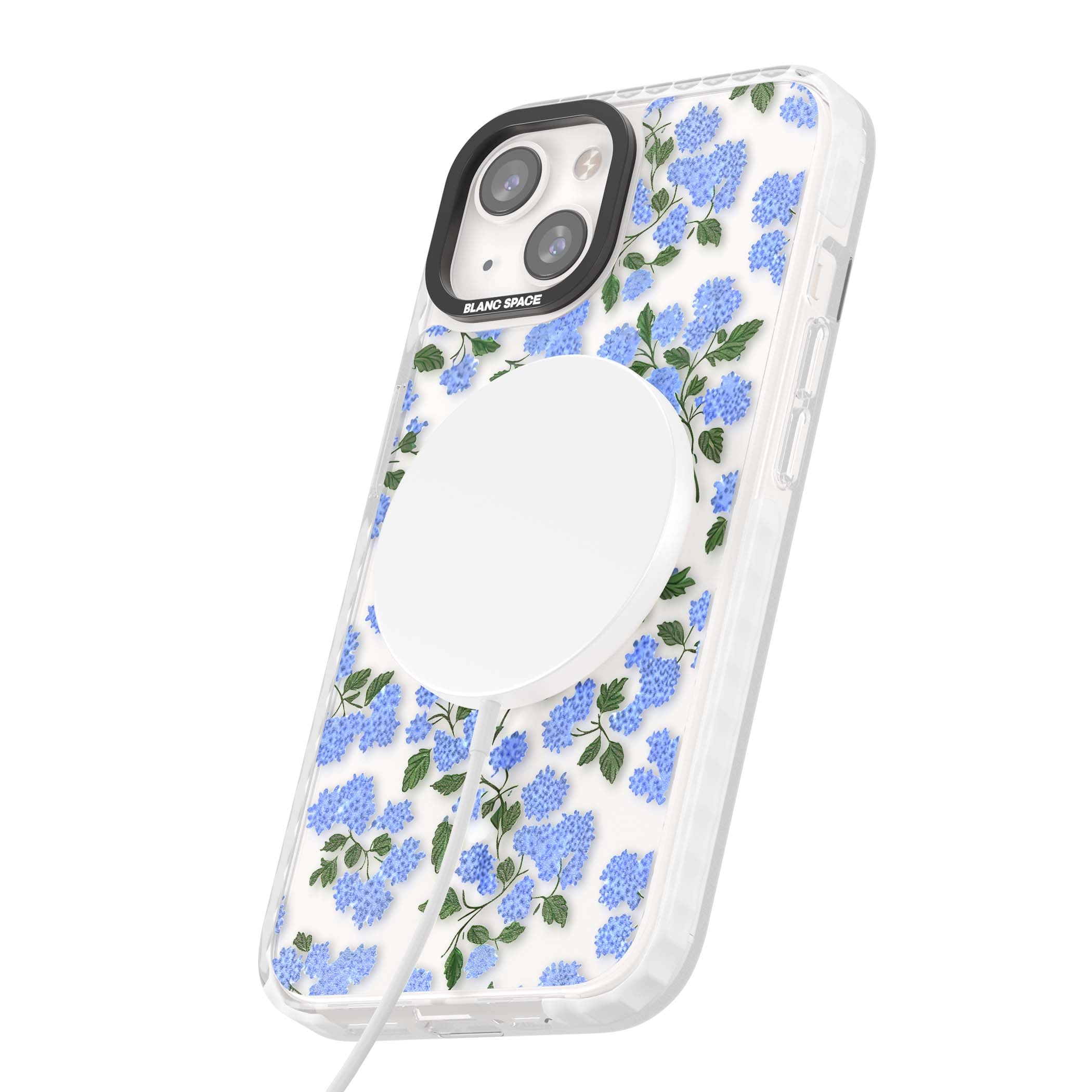 Hydrangea Dreams cottagecore iPhone case featuring soft blue hydrangea flower clusters and green leaves | Impact Magsafe case for iPhone 13, iPhone 14, iPhone 15