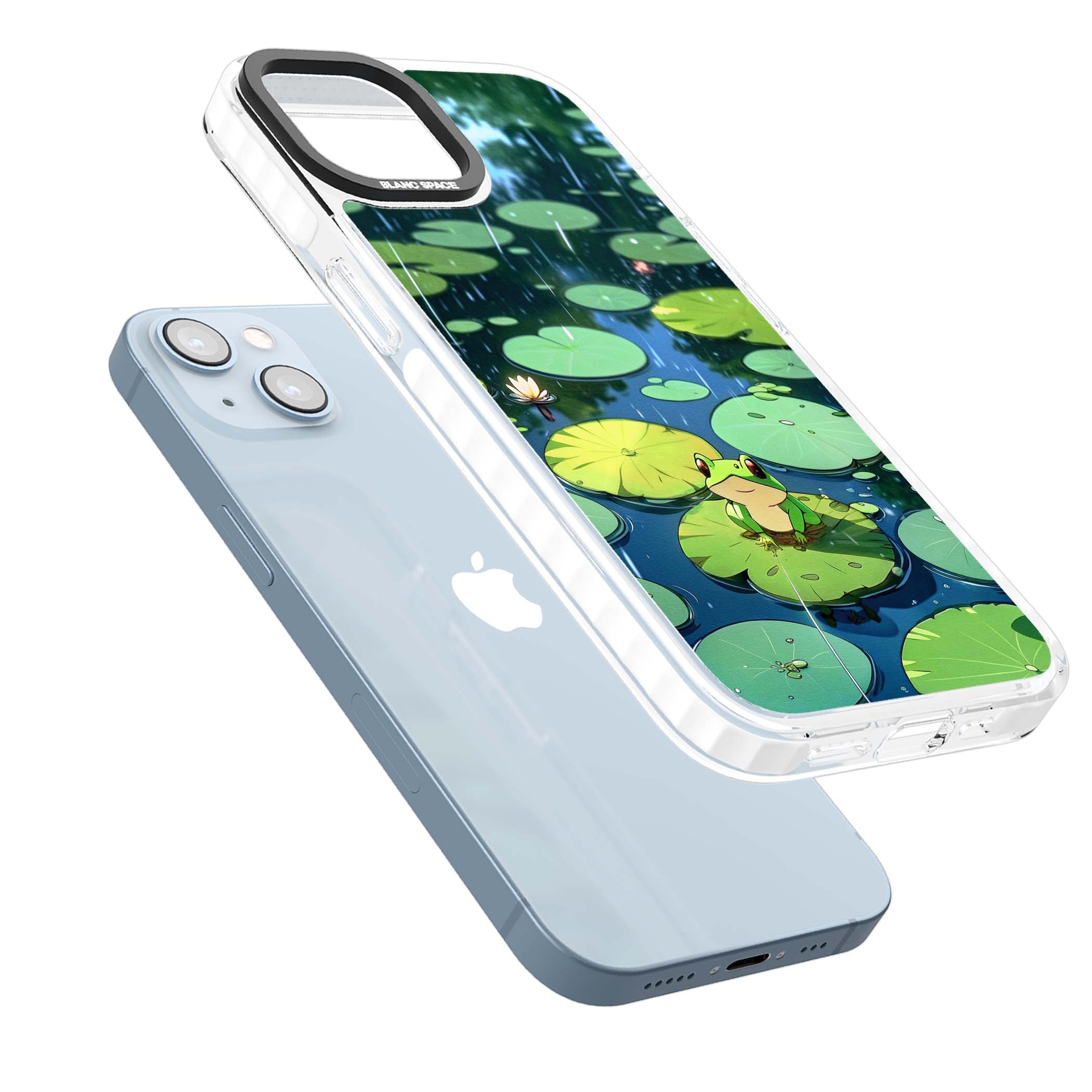 Frog In Lily Pond cottagecore iPhone case featuring a cute green frog on a lily pad with falling rain and a lotus flower | Impact Magsafe case for iPhone 13, iPhone 14, iPhone 15