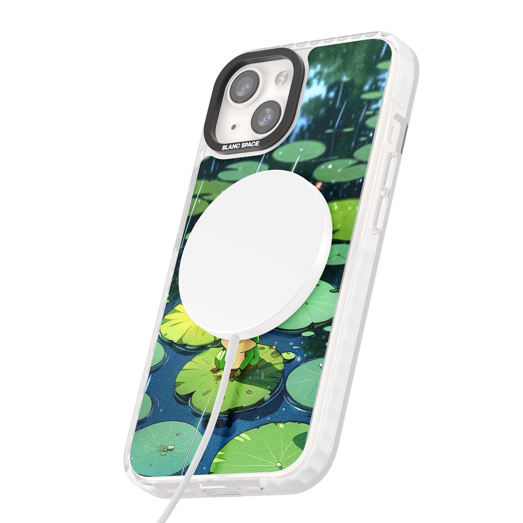 Frog In Lily Pond cottagecore iPhone case featuring a cute green frog on a lily pad with falling rain and a lotus flower | Impact Magsafe case for iPhone 13, iPhone 14, iPhone 15