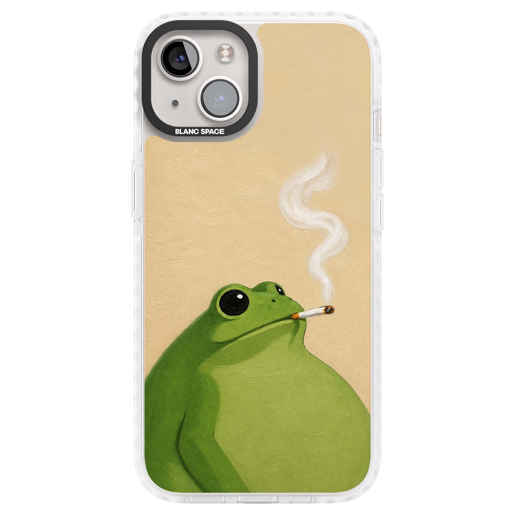The Smoking Frog cottagecore iPhone case featuring a hand-painted green frog smoking a cigarette on a cream oil painting back | Impact Magsafe case for iPhone 13, iPhone 14, iPhone 15