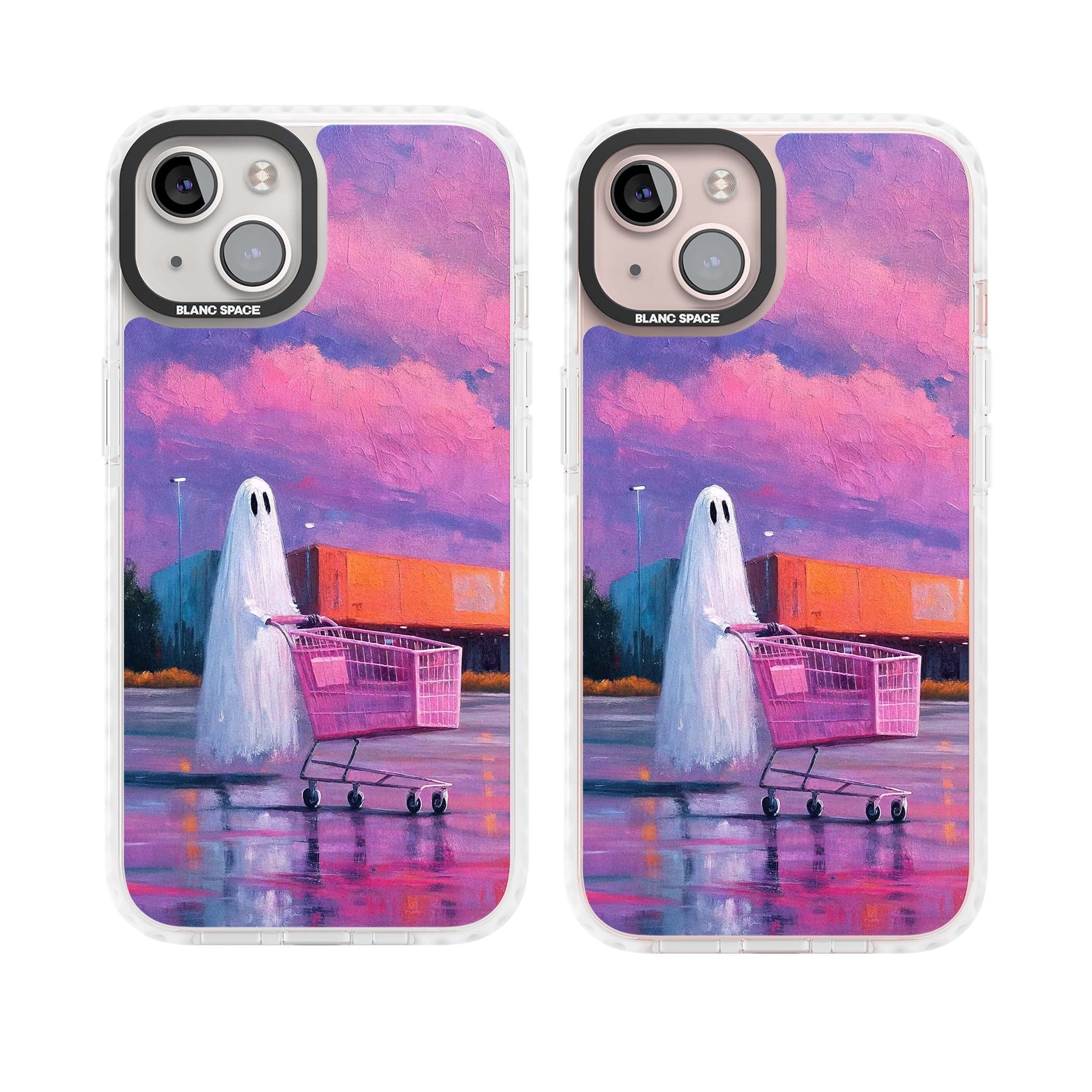 A Ghost's Errand ghost halloween iPhone case featuring a painted ghost, pink shopping trolley and purple sunset sky | Impact Magsafe case for iPhone 13, iPhone 14, iPhone 15