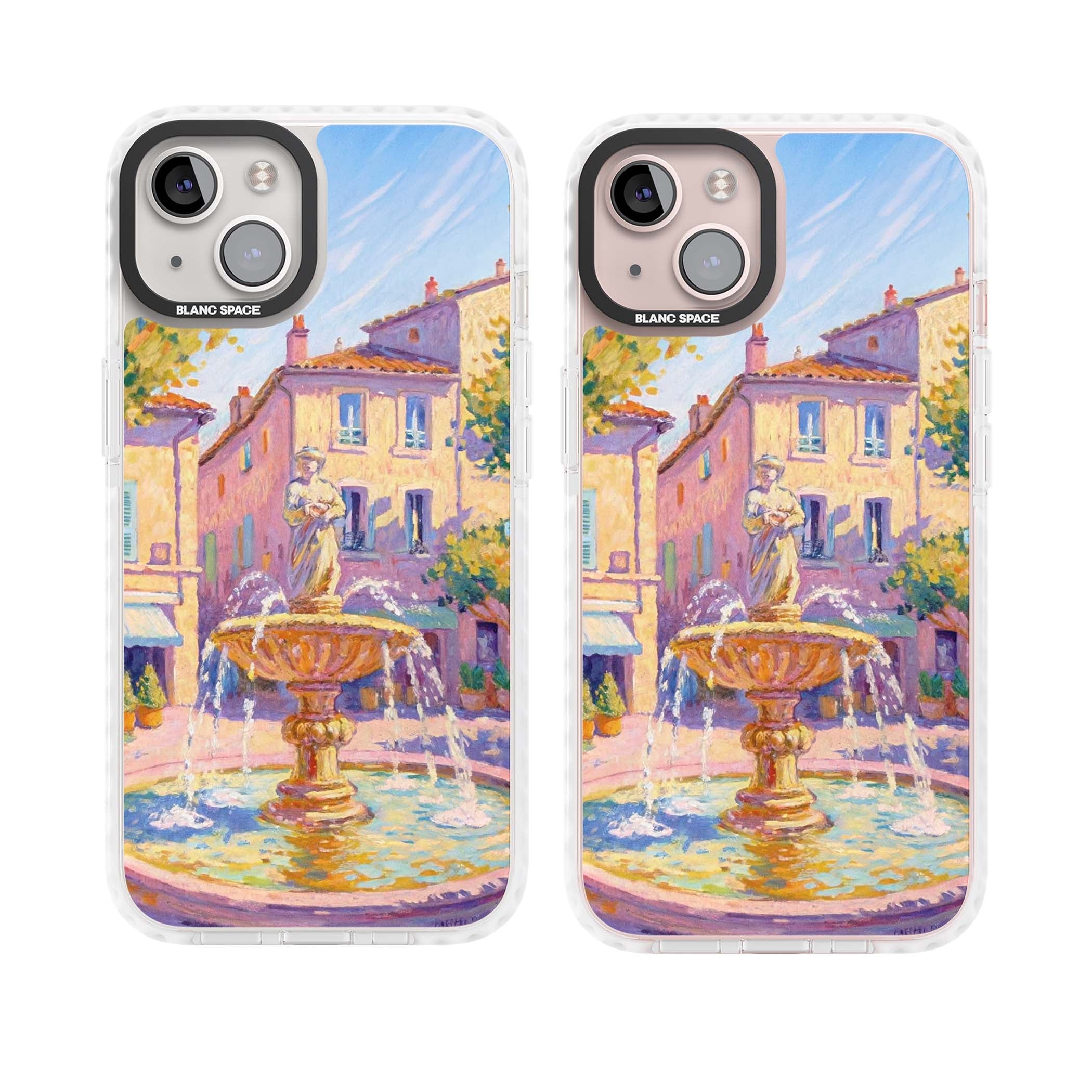 Fountain Square fine art iPhone case featuring an impressionist Provençal fountain, pastel village buildings and summe | Impact Magsafe case for iPhone 13, iPhone 14, iPhone 15