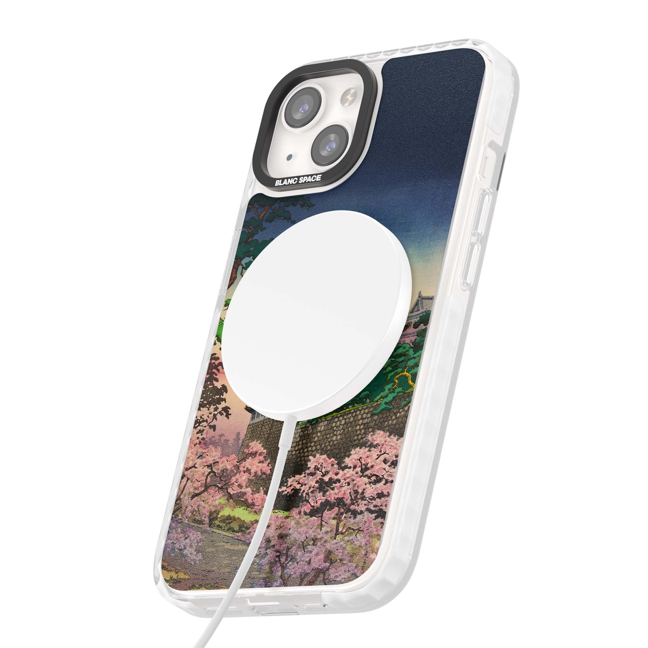 Nagoya Castle Japanese iPhone case featuring a vintage pagoda, twilight sky and cherry blossom trees | Impact Magsafe case for iPhone 13, iPhone 14, iPhone 15