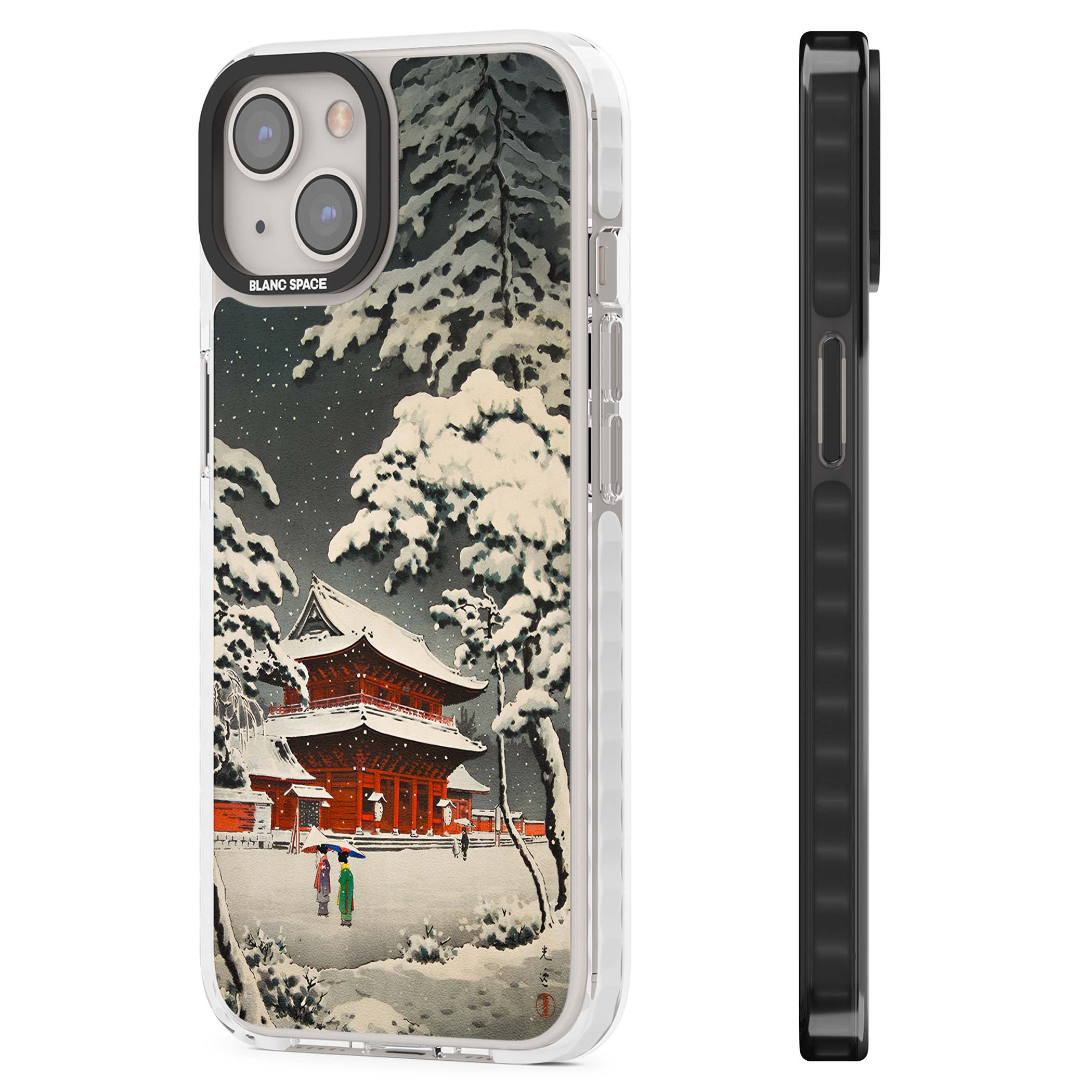 Snow at Shiha Park, Tokyo Japanese art iPhone case featuring a vintage ukiyo-e snowy temple, red pagoda, and snow-covered pin | Impact Magsafe case for iPhone 13, iPhone 14, iPhone 15