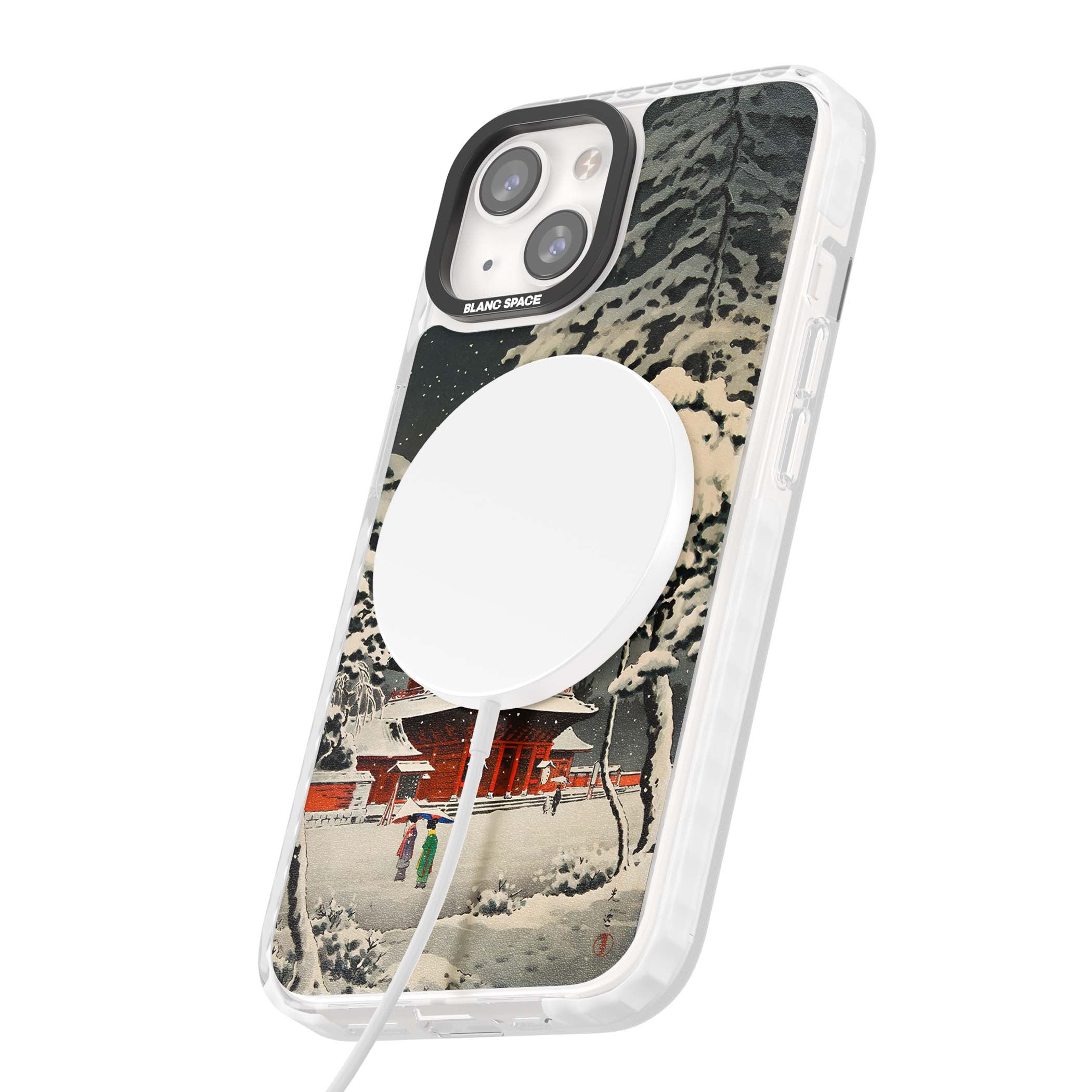 Snow at Shiha Park, Tokyo Japanese art iPhone case featuring a vintage ukiyo-e snowy temple, red pagoda, and snow-covered pin | Impact Magsafe case for iPhone 13, iPhone 14, iPhone 15