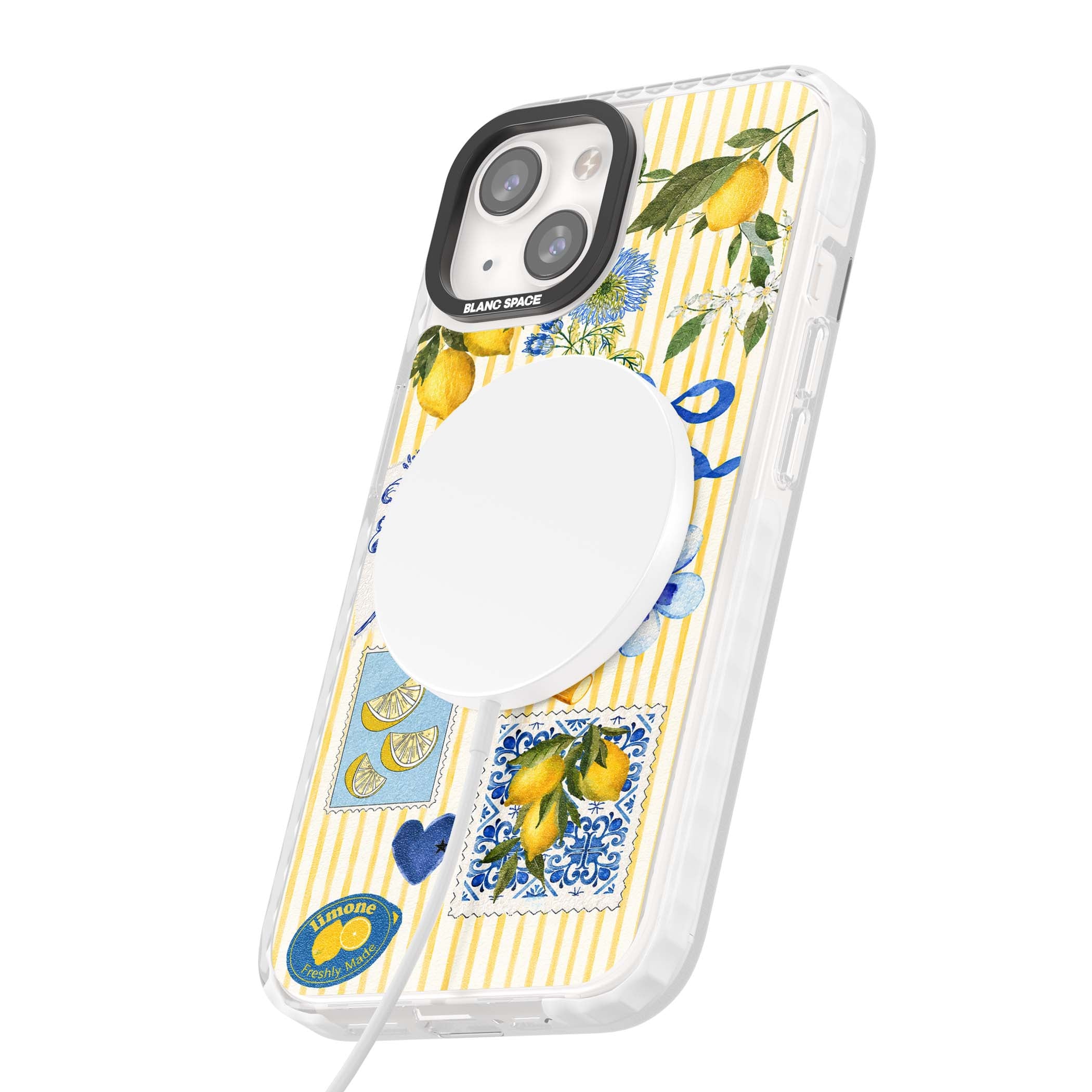 Limone Riviera Italian summer iPhone case featuring watercolour lemons, blue ribbon bows and majolica tile stamps on... | Impact Magsafe case for iPhone 13, iPhone 14, iPhone 15