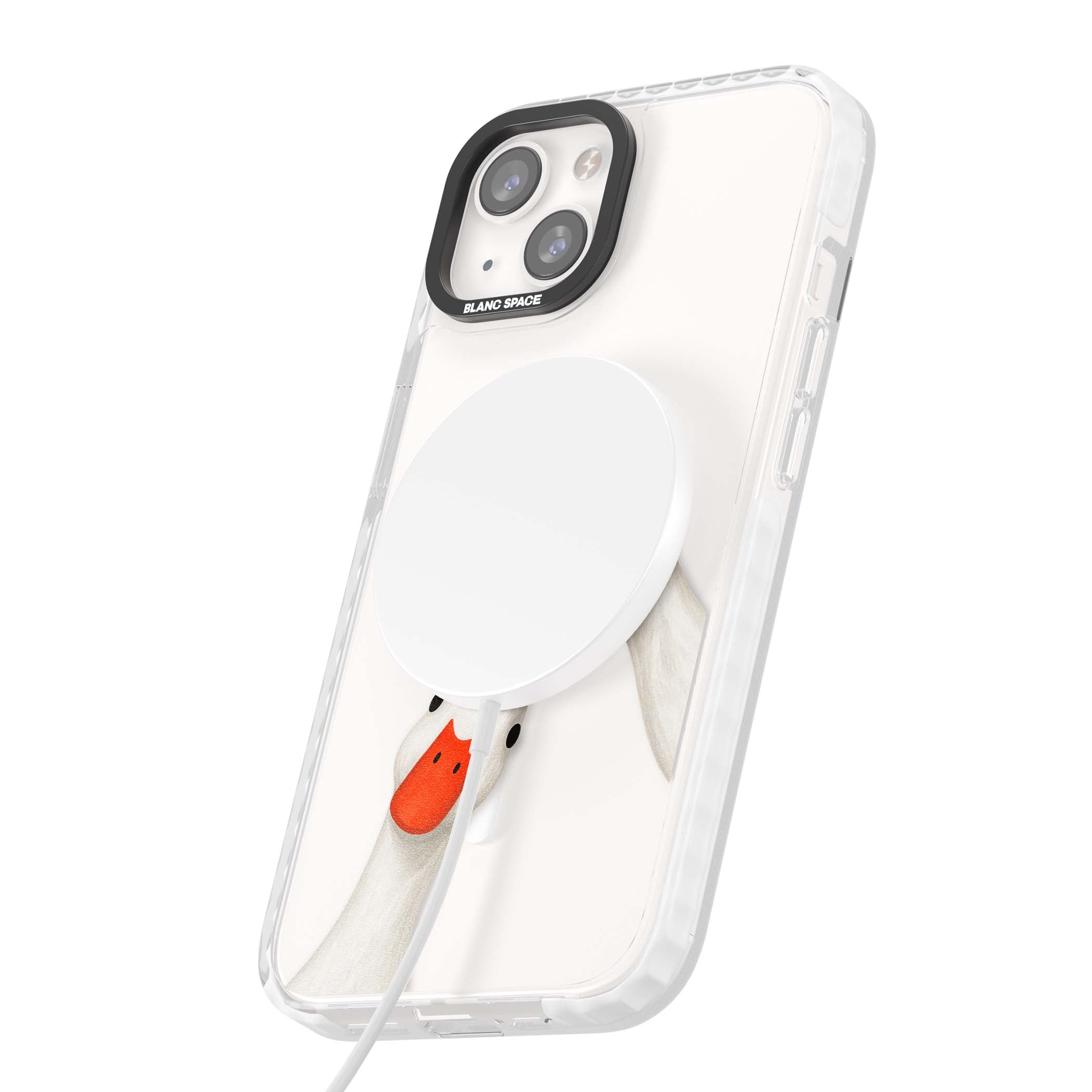 Nosy Ducks cottagecore iPhone case featuring two peeking white ducks with orange beaks on a clear background | Impact Magsafe case for iPhone 13, iPhone 14, iPhone 15