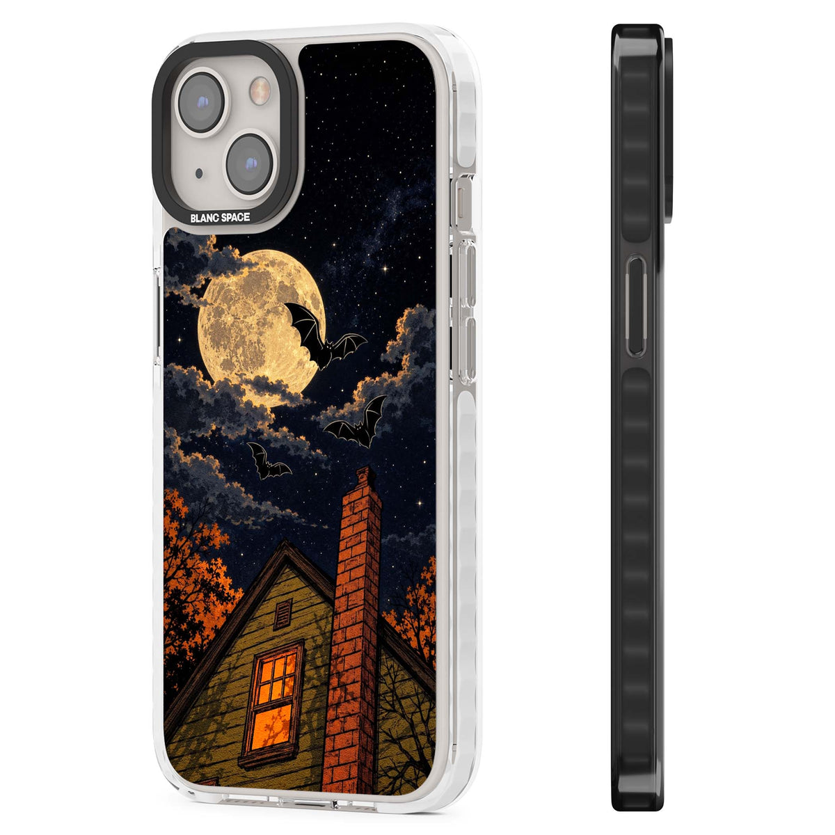 Hollows Eve Halloween iPhone case featuring a haunted house, full moon and flying bats against a starry autumn sky | Impact Magsafe case for iPhone 13, iPhone 14, iPhone 15