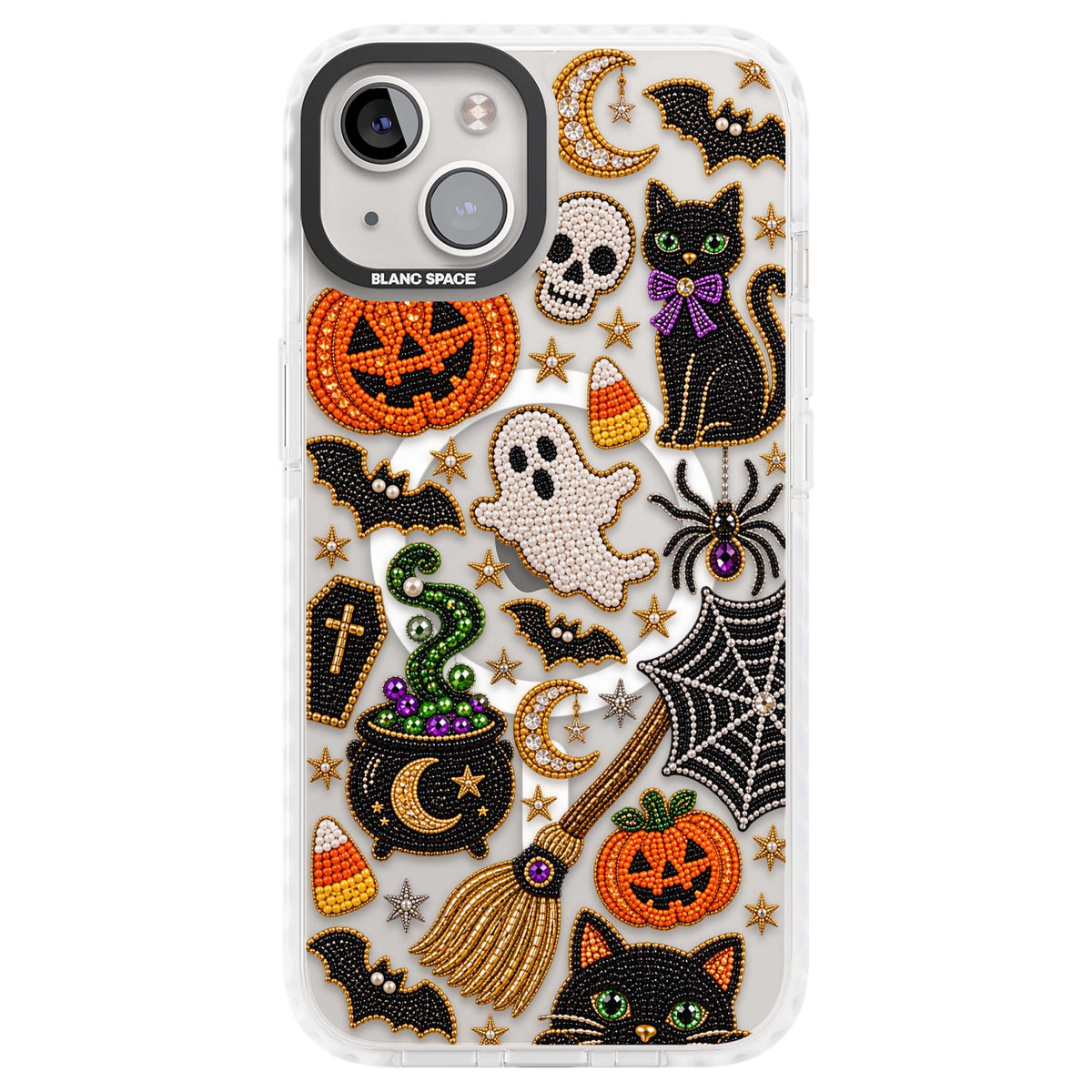 Beaded Halloween Halloween iPhone case featuring beaded pumpkins, ghosts, black cats and bats | Impact Magsafe case for iPhone 13, iPhone 14, iPhone 15