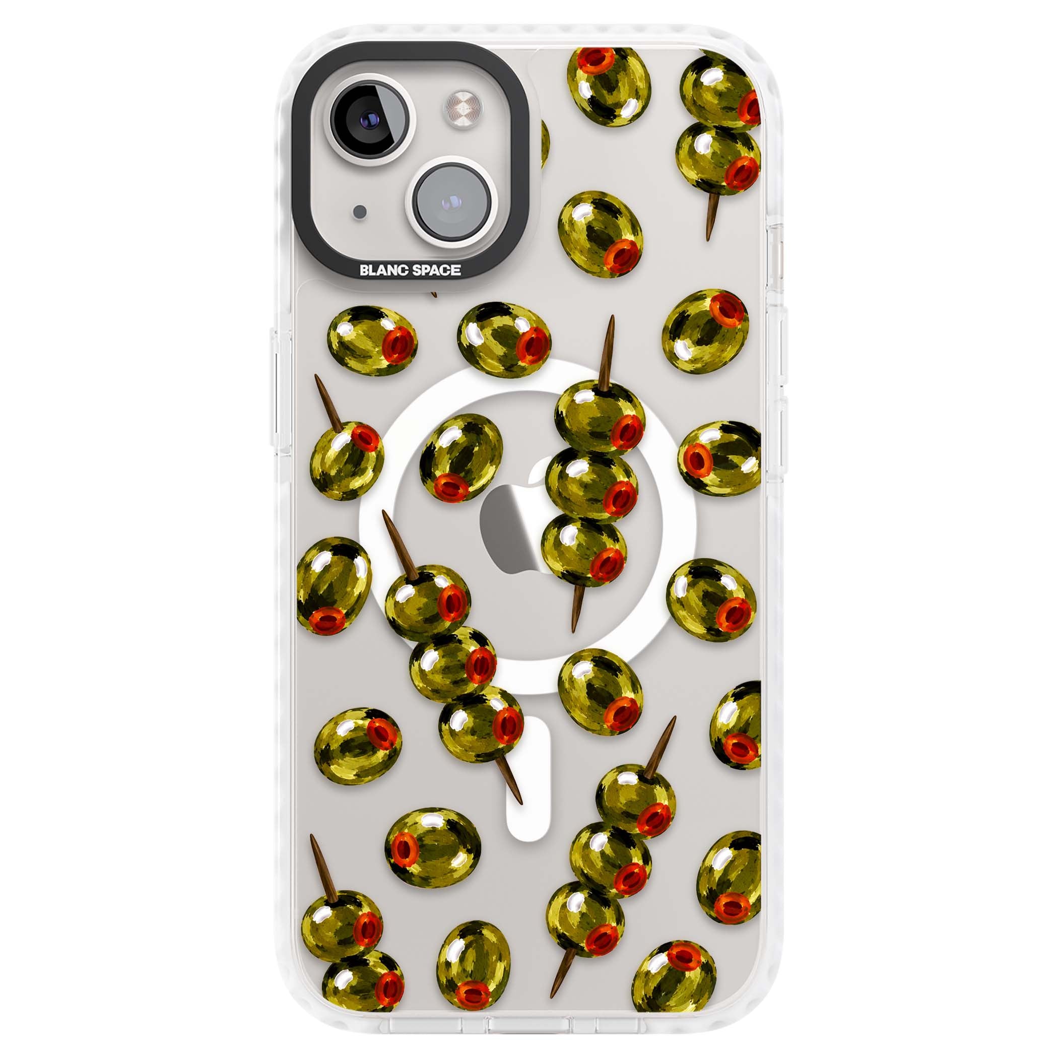 Painted Olives cocktail iPhone case featuring green olives, pimento centres and toothpick skewers on a clear background | Impact Magsafe case for iPhone 13, iPhone 14, iPhone 15