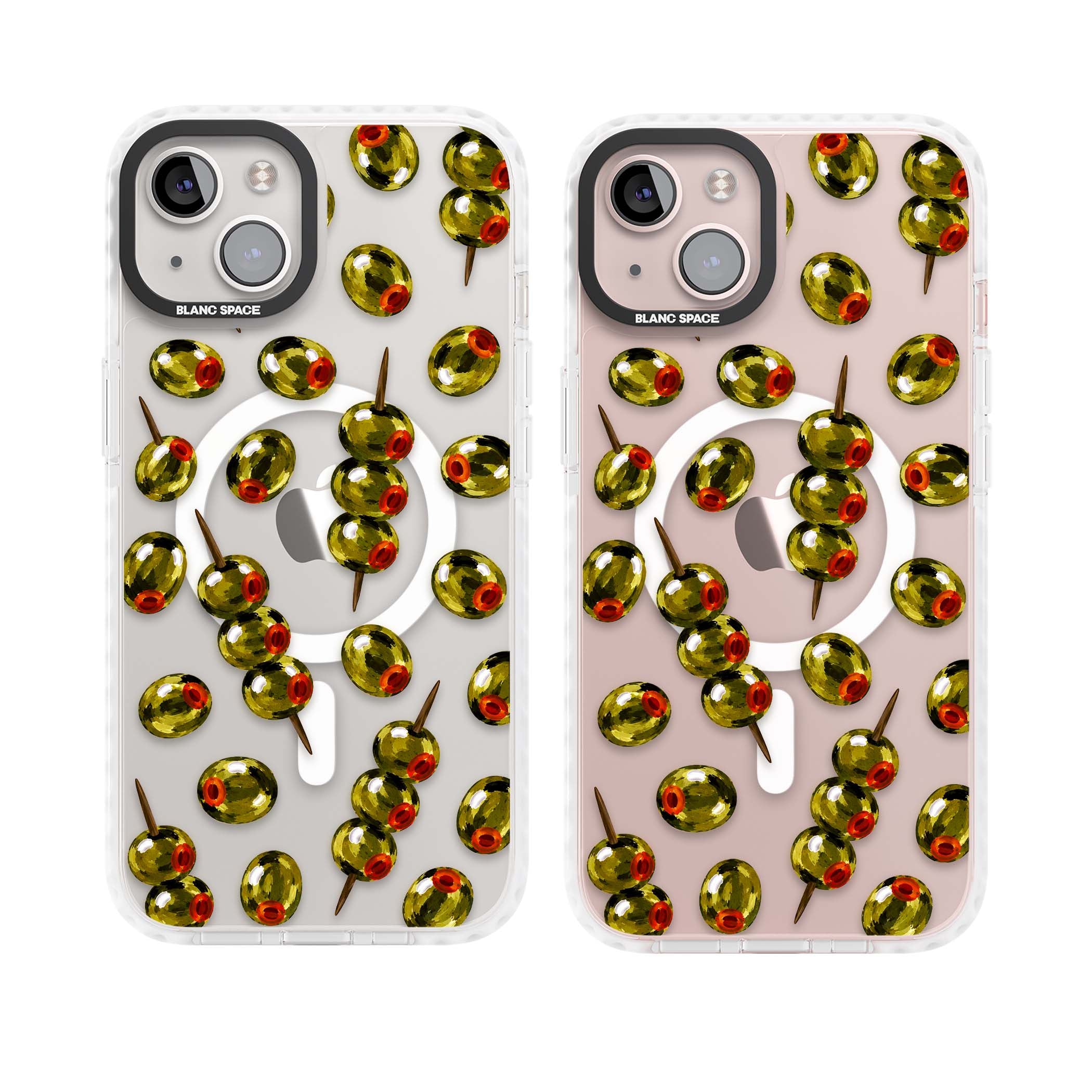 Painted Olives cocktail iPhone case featuring green olives, pimento centres and toothpick skewers on a clear background | Impact Magsafe case for iPhone 13, iPhone 14, iPhone 15